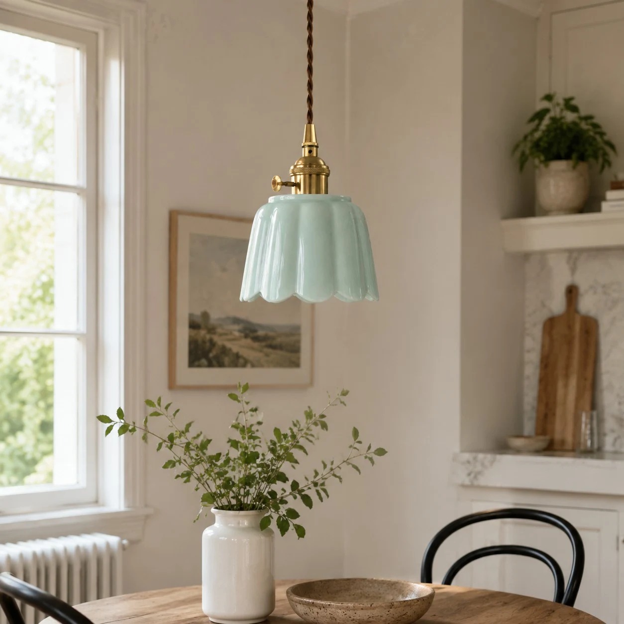Ceramic lotus pendant in a dining corner