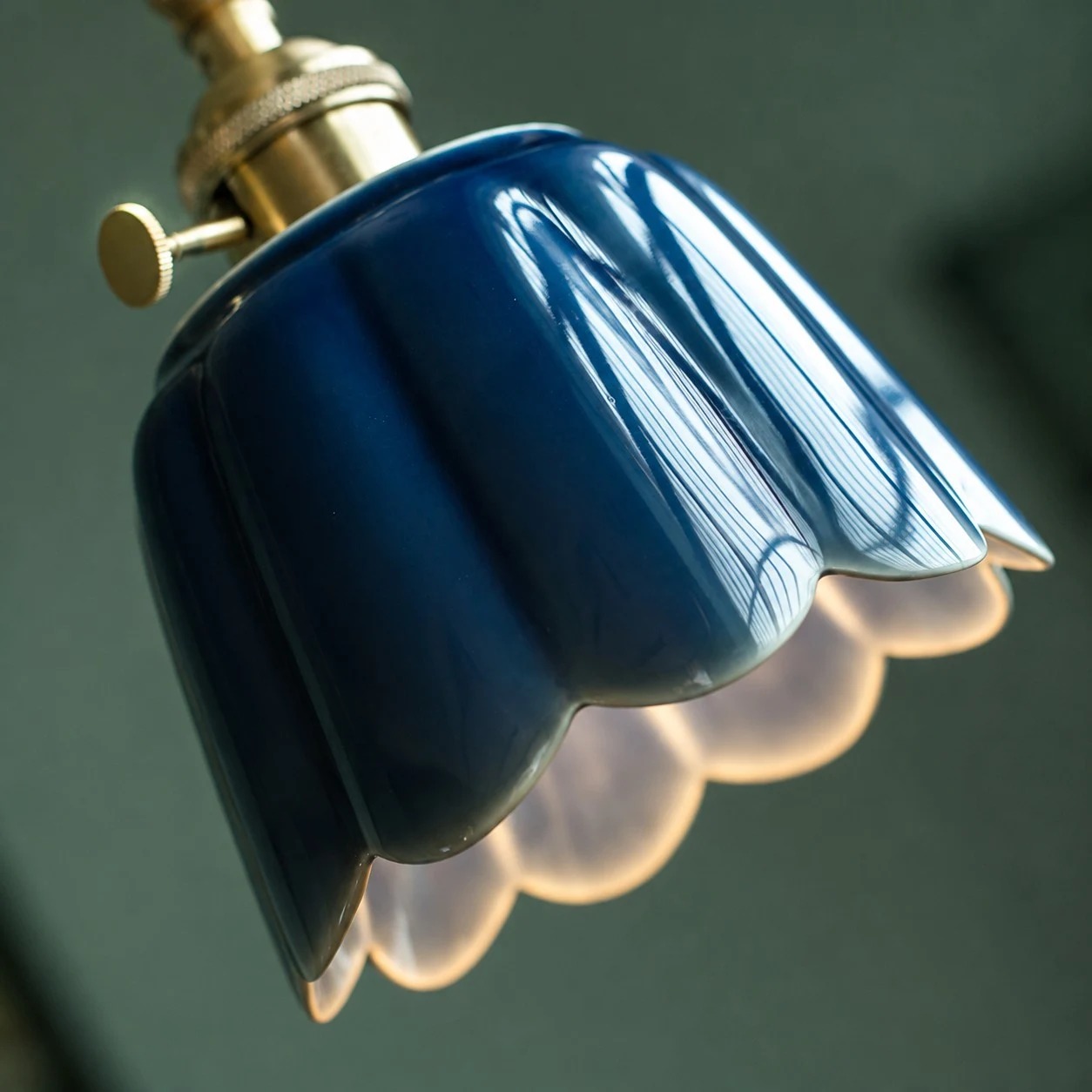 Celadon glazed ceramic lotus shade close-up