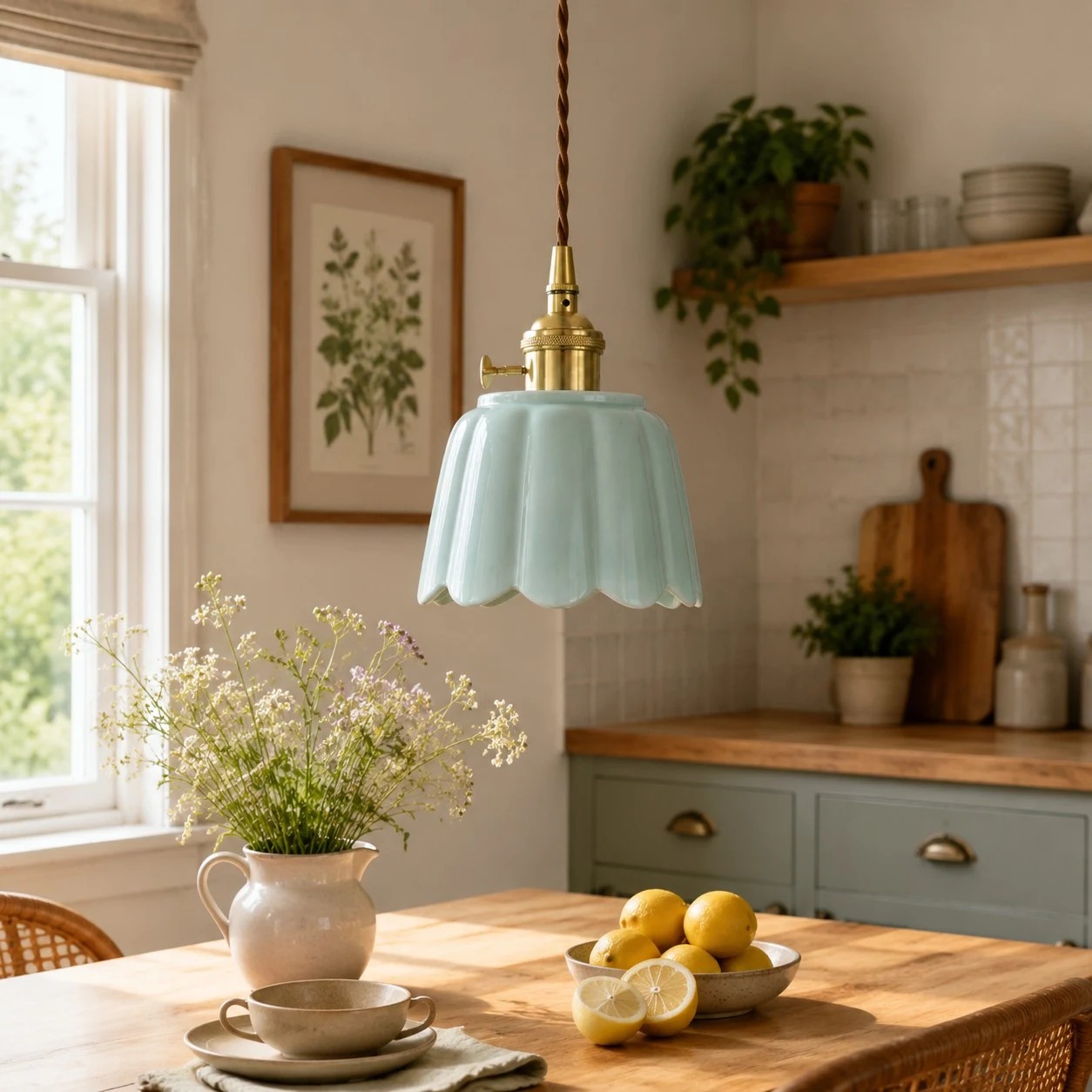 Ceramic lotus pendant installed over a kitchen table