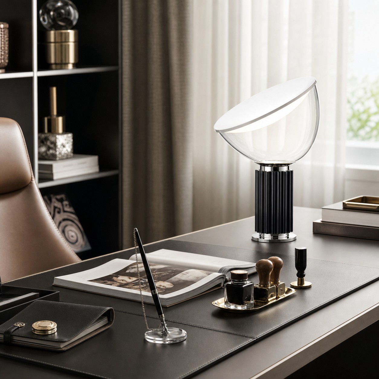 Black Taccia lamp on a refined writing desk