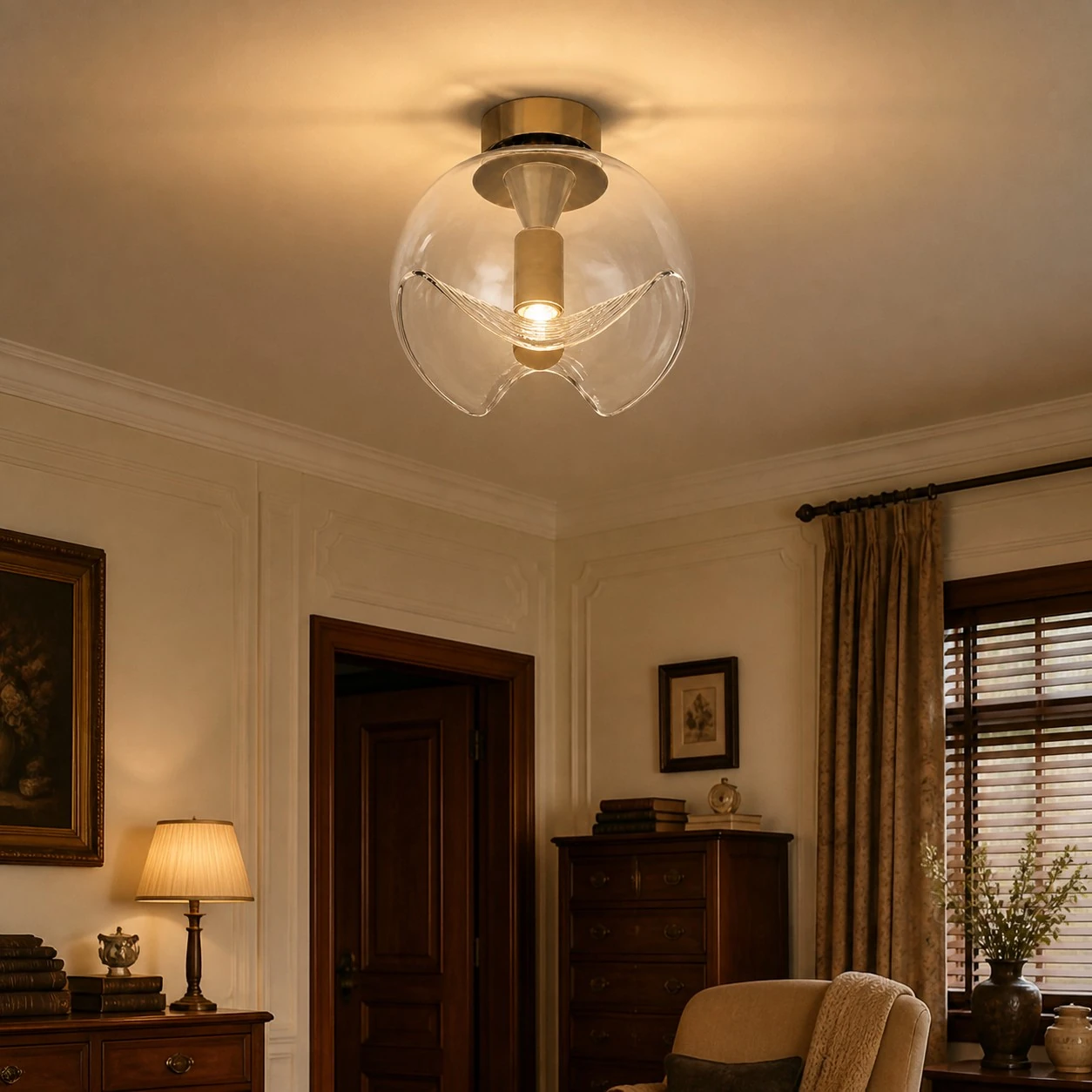 Gold and Clear ceiling light in a traditional bedroom