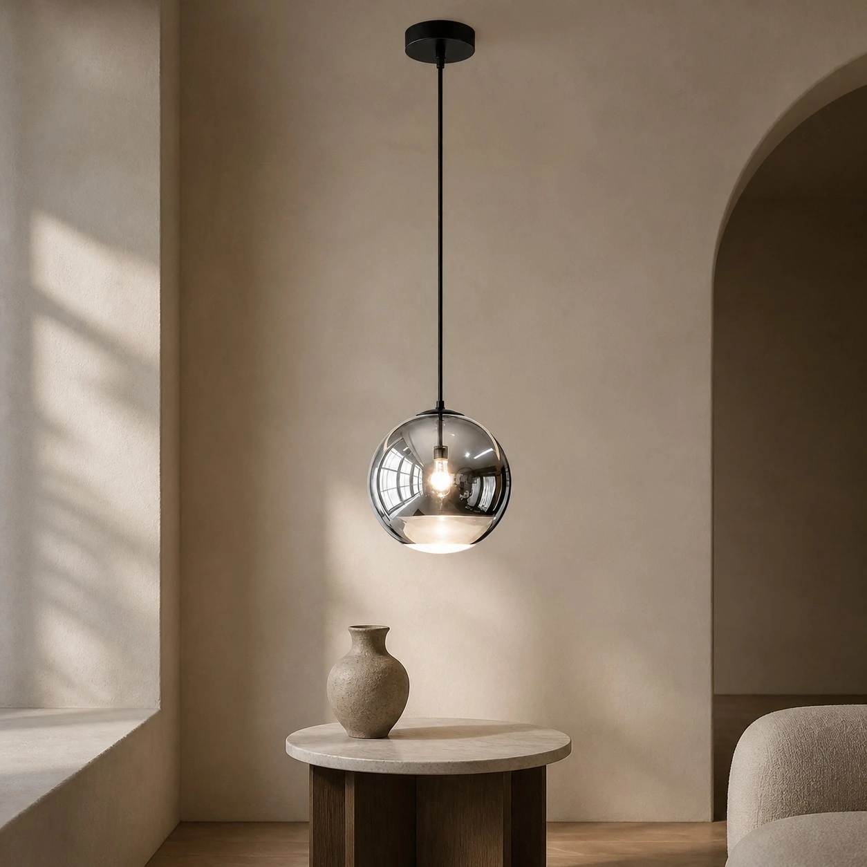 Style A Luma mirrored globe pendant above a small table