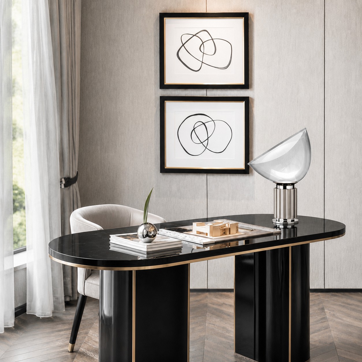 Silver Taccia lamp in a bright dining room