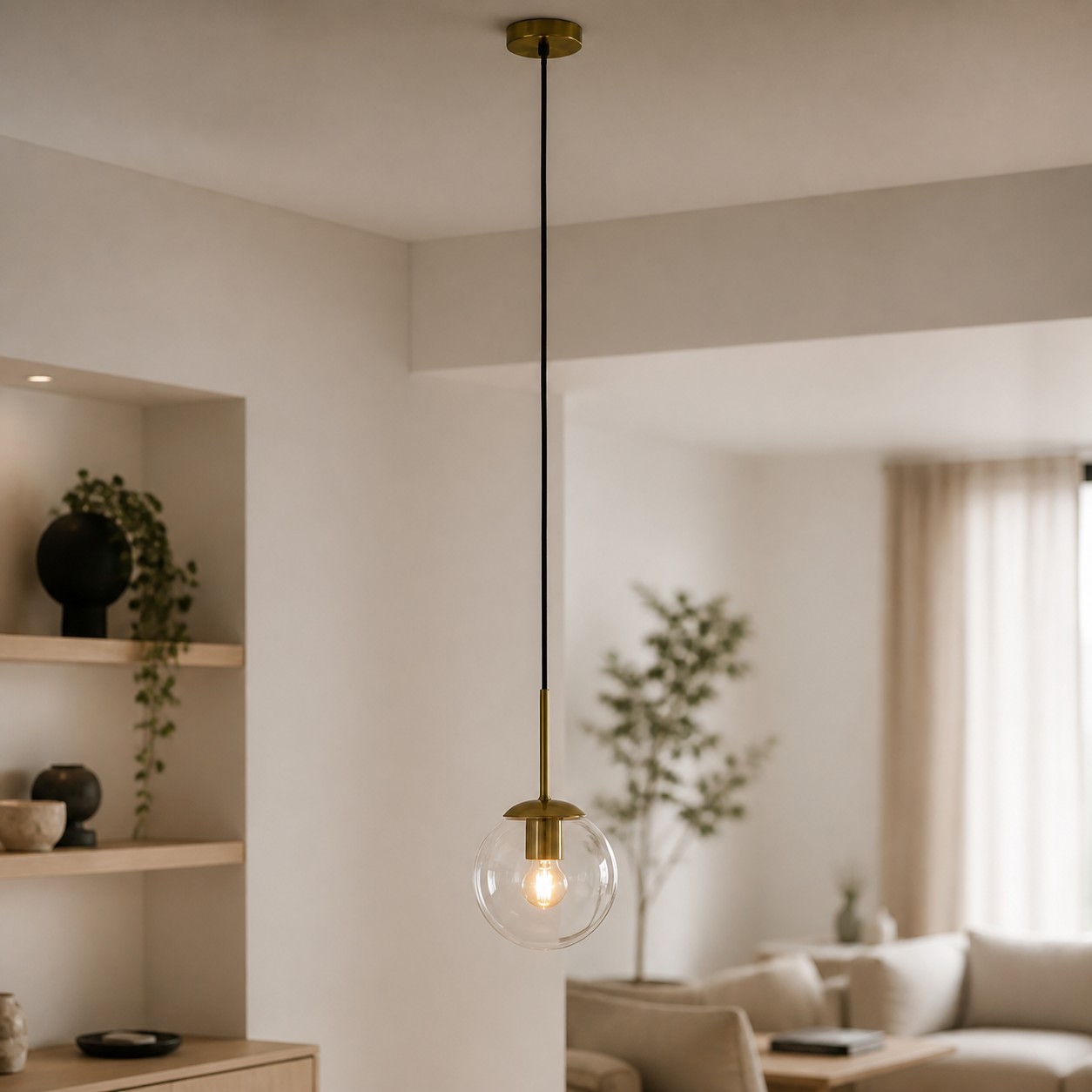 Brass clear pendant in room