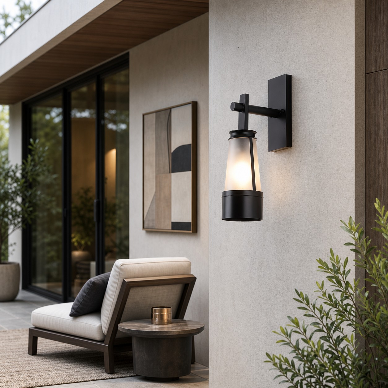 Vintage black outdoor wall lantern in a covered exterior setting 2