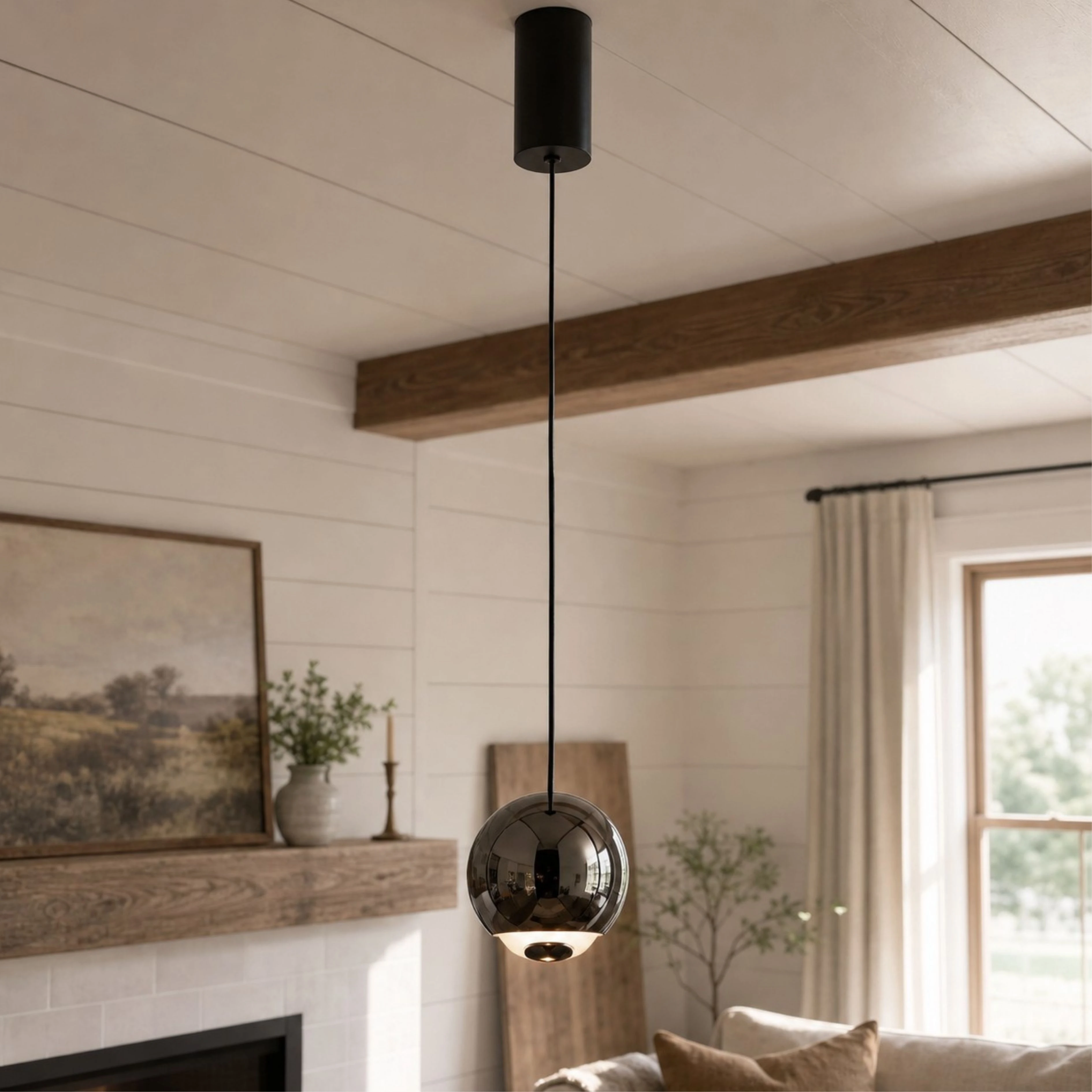 Pearl Black orb pendant in a bright home interior