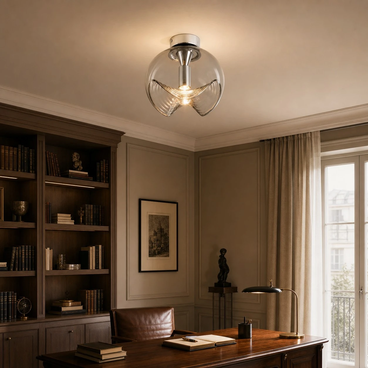 Chrome and Smoke Gray ceiling light in a study