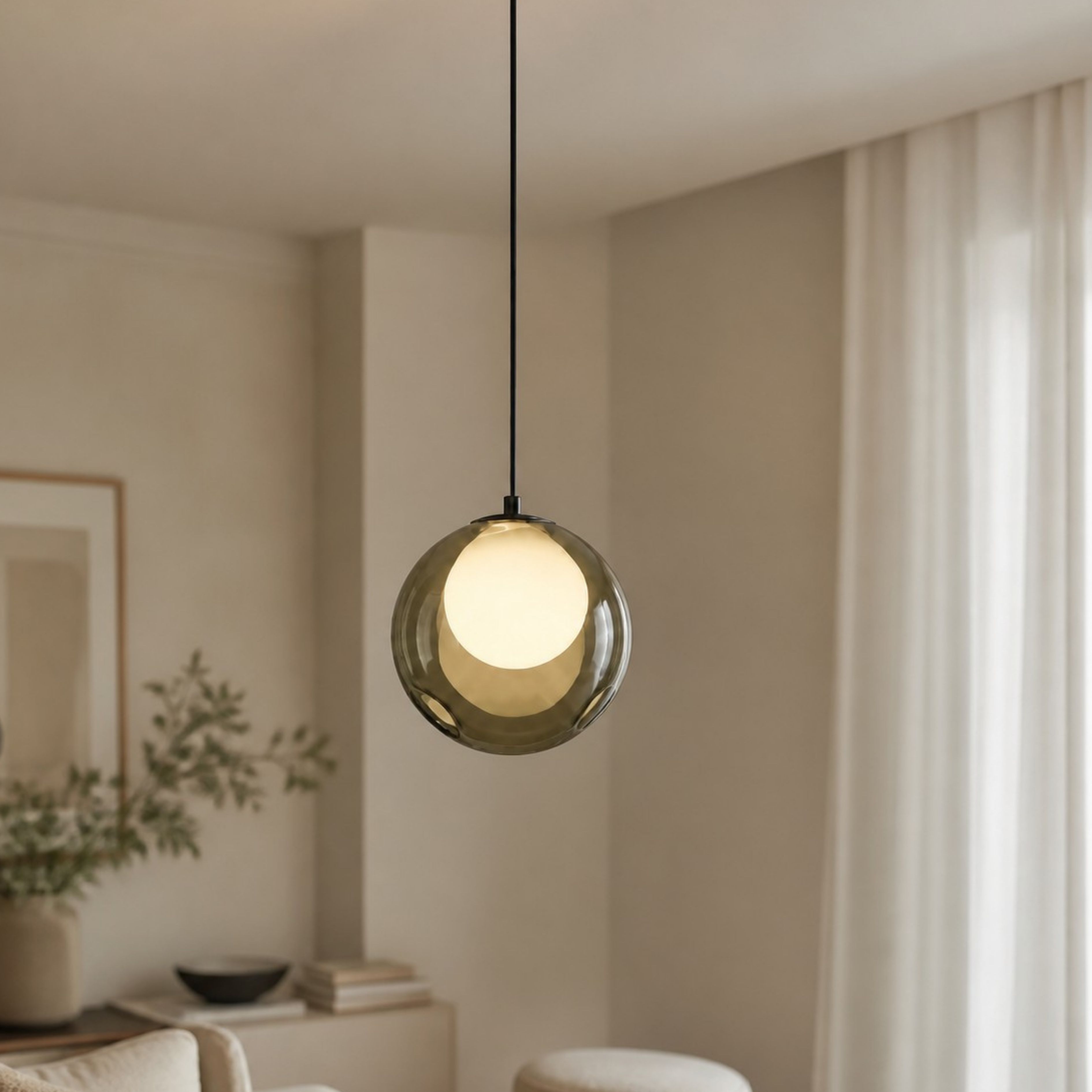 Amber glass pendant in a living room