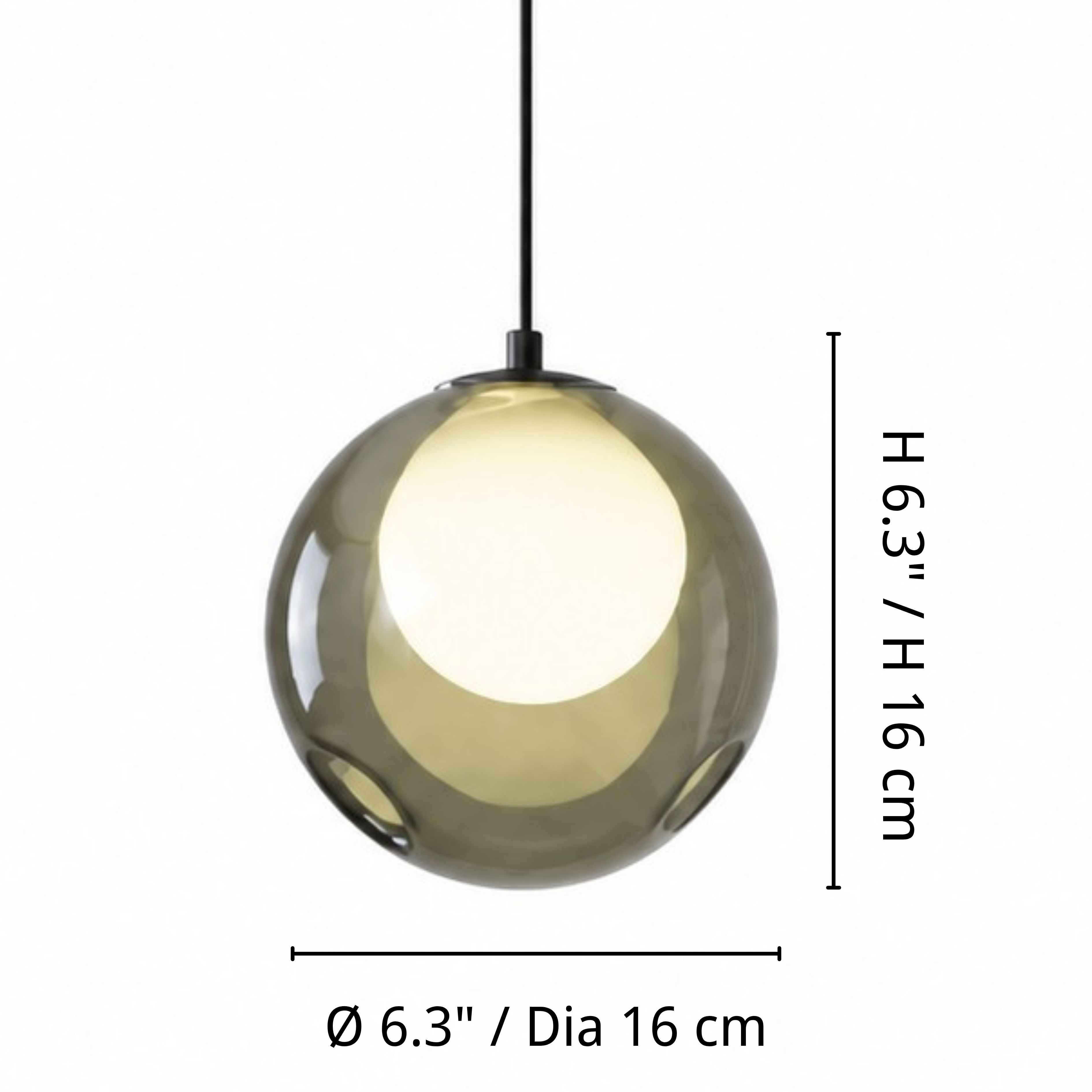 Dimensions of the 16 cm Smoke Gray glass pendant