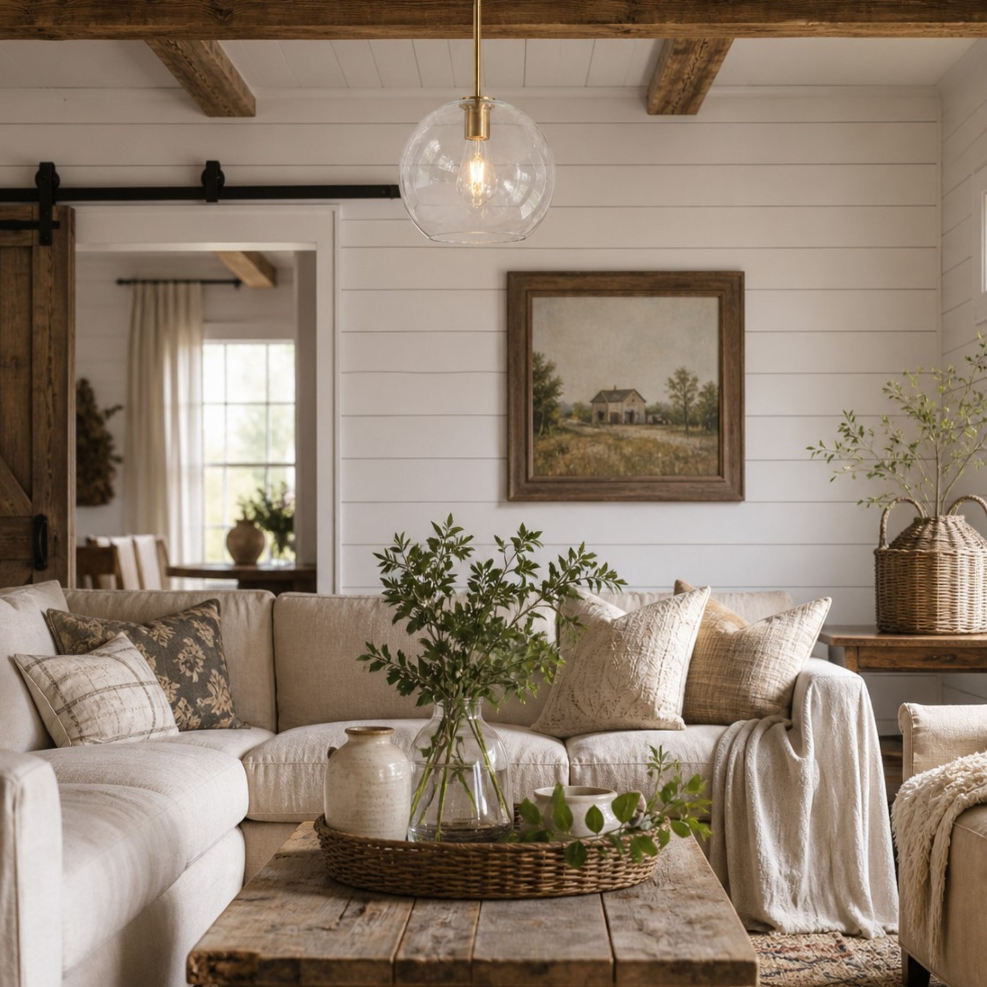 Clear Luma glass pendant in a relaxed living room