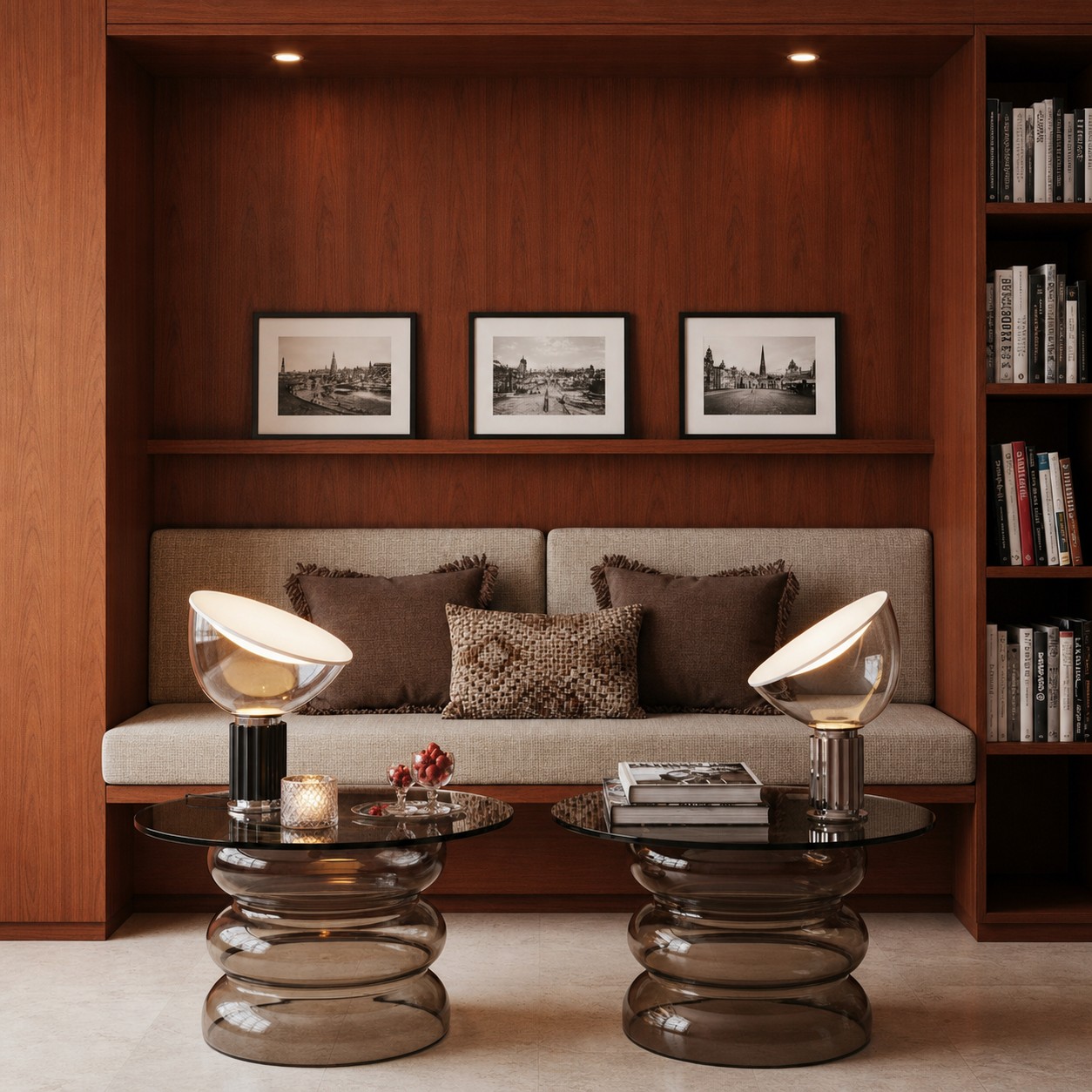 Black and bronze Taccia lamps in a walnut salon