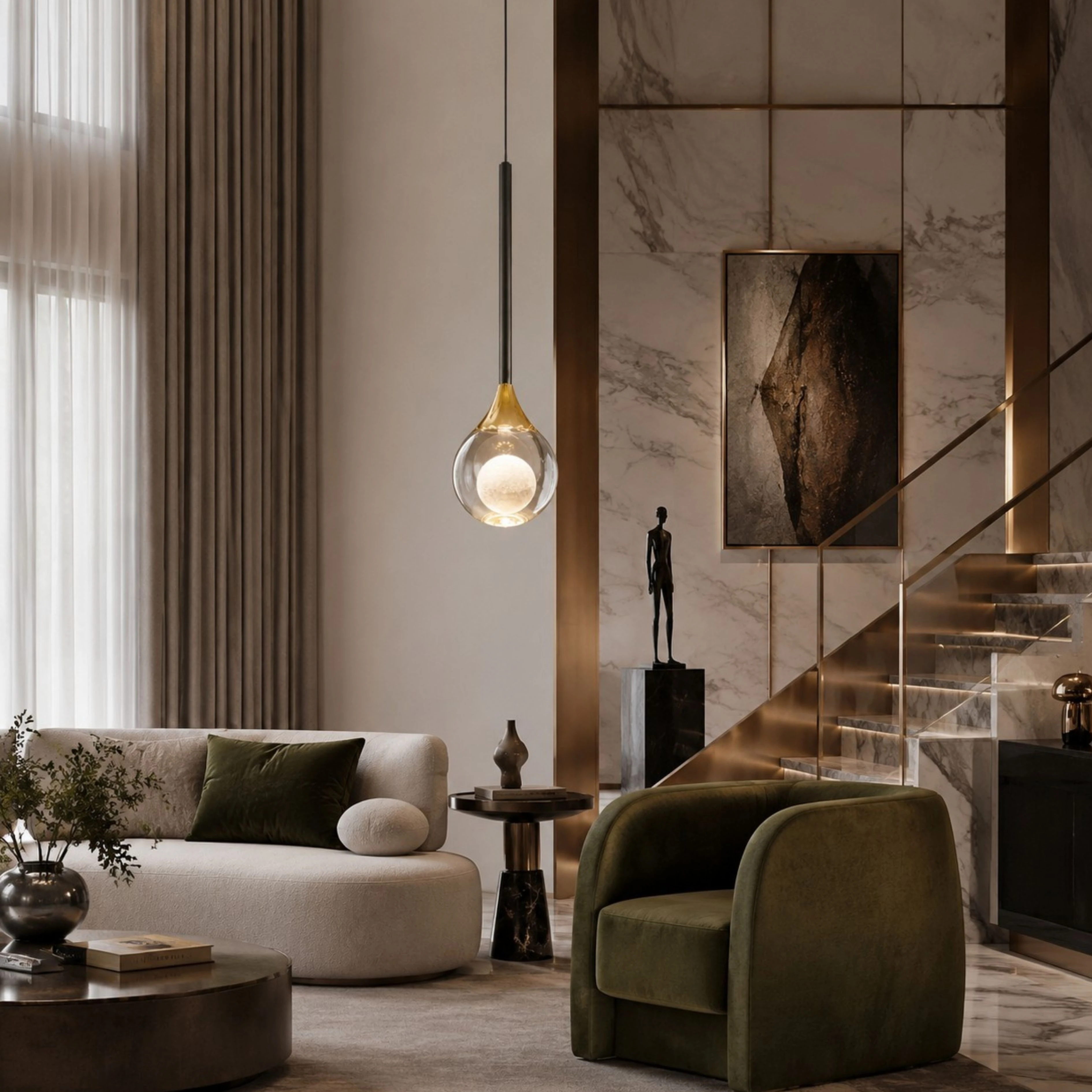 Gold Luma pendant in a contemporary lounge