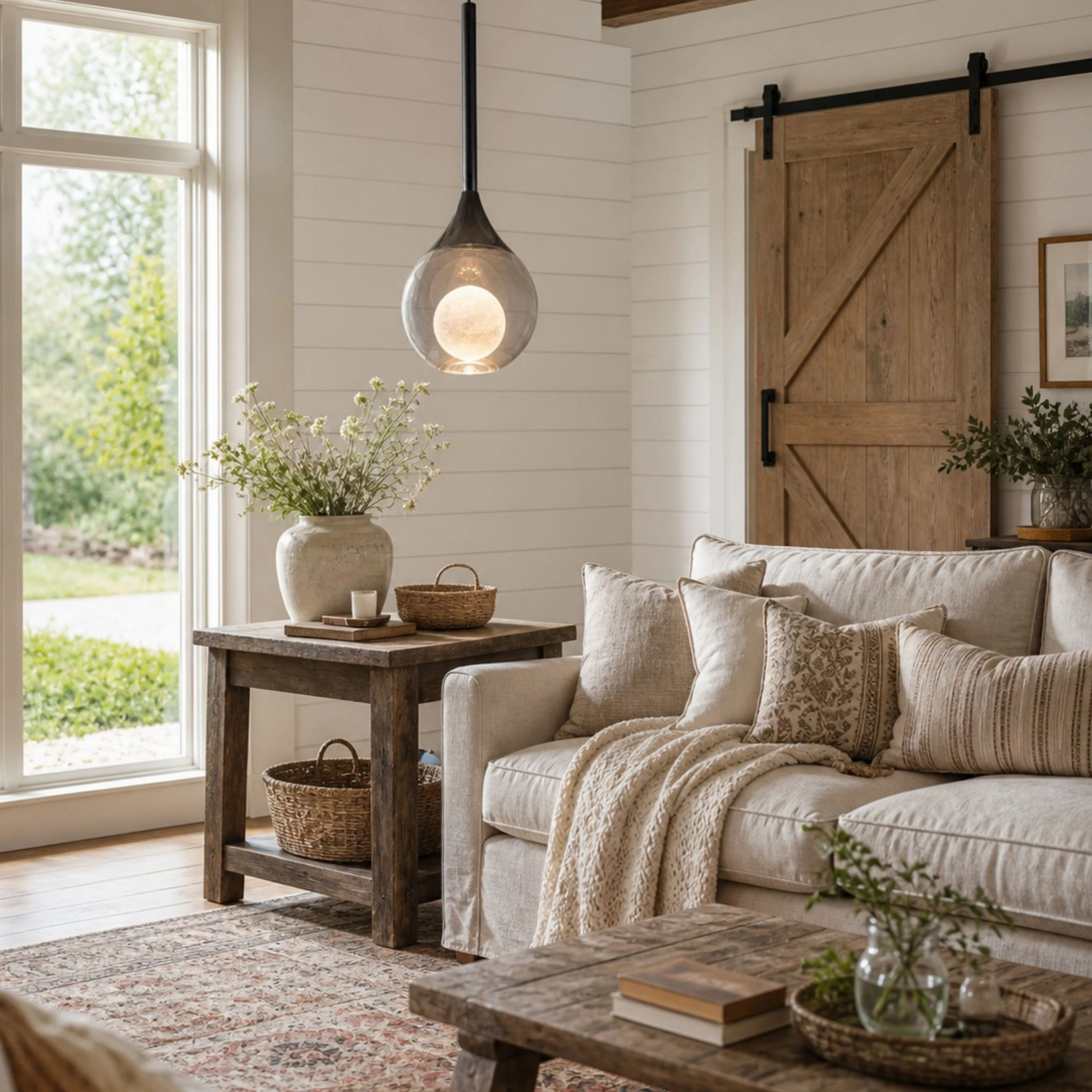 Pearl Black Luma pendant in a relaxed farmhouse living room