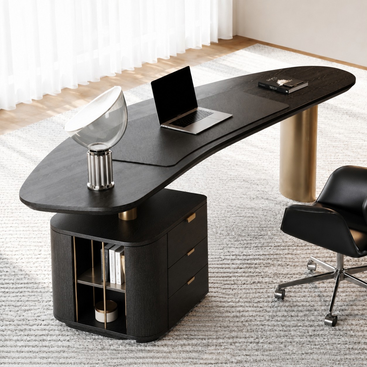 Silver Taccia lamp on a curved executive desk