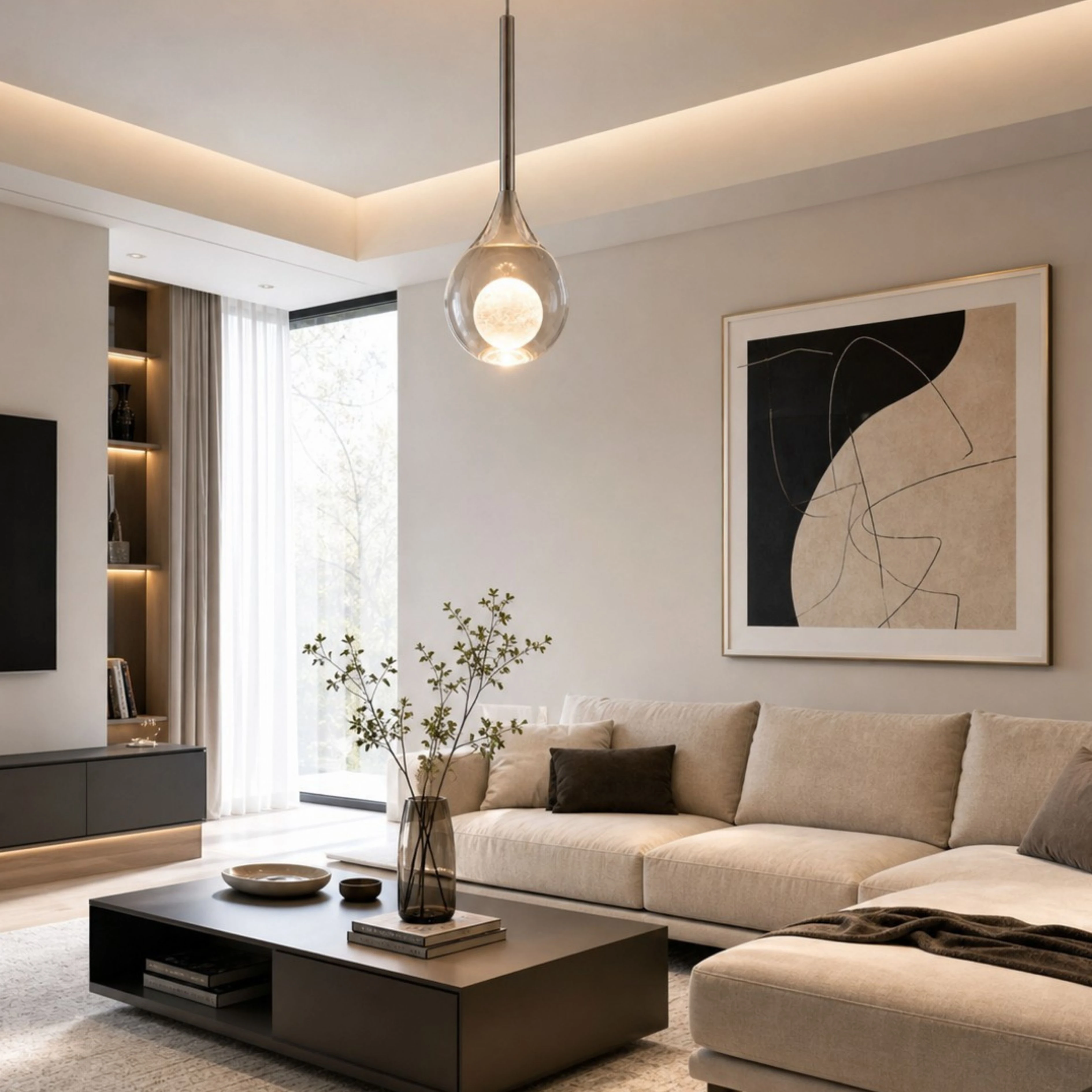 Chrome Luma pendant in a warm modern living room