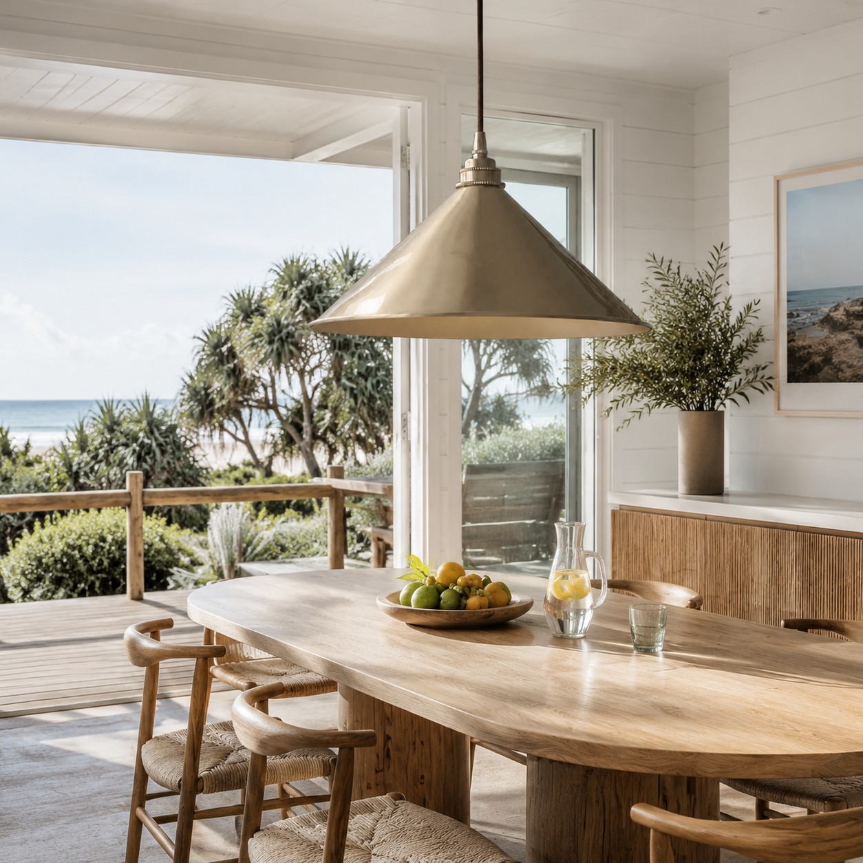 Copper pendant light in a bright coastal dining room