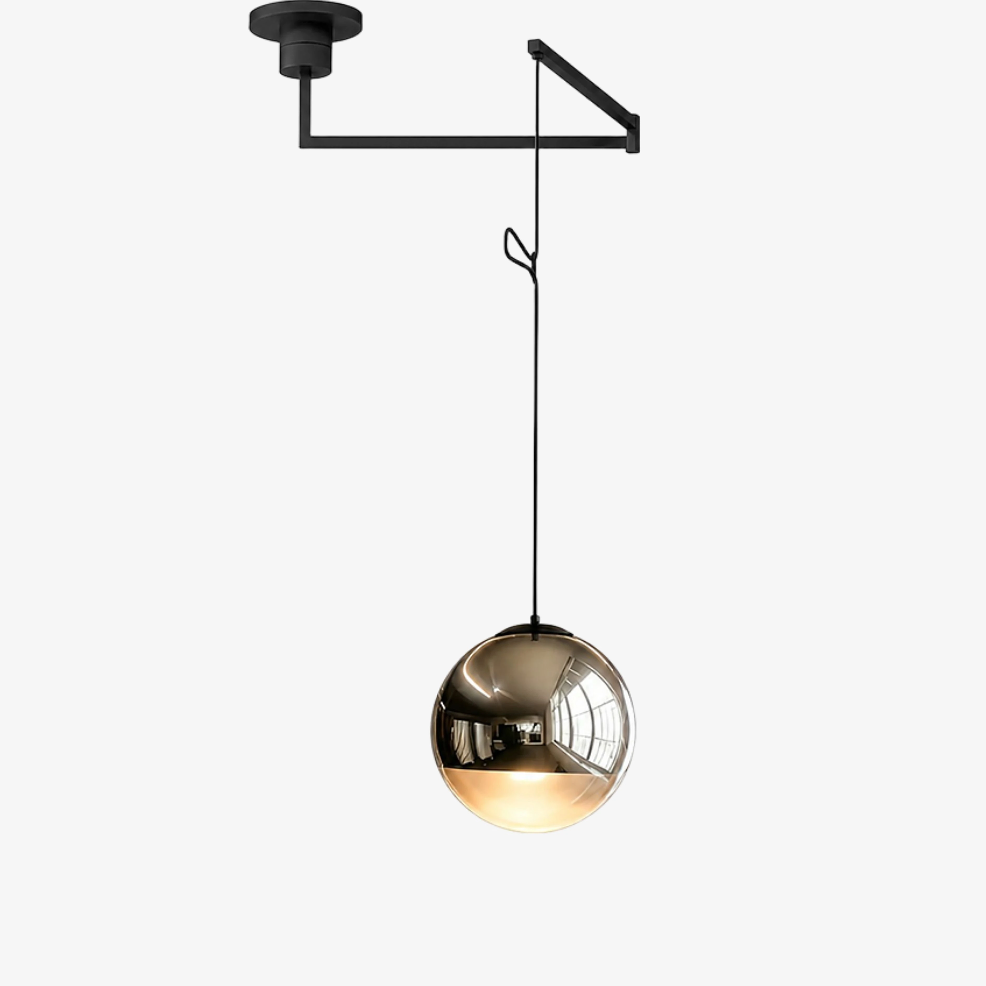 Style B Luma mirrored globe pendant with offset swing arm