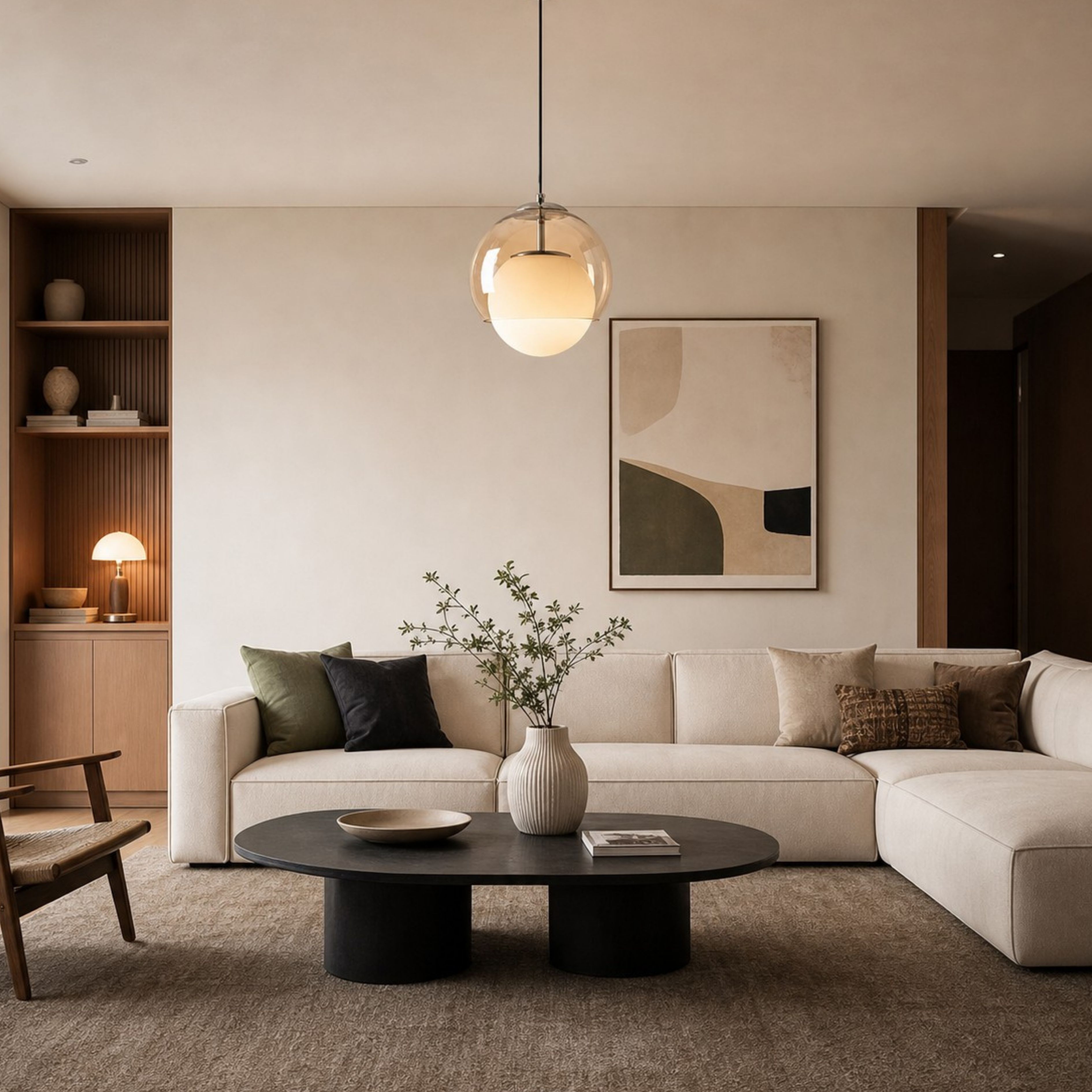 Amber glass pendant in a living room