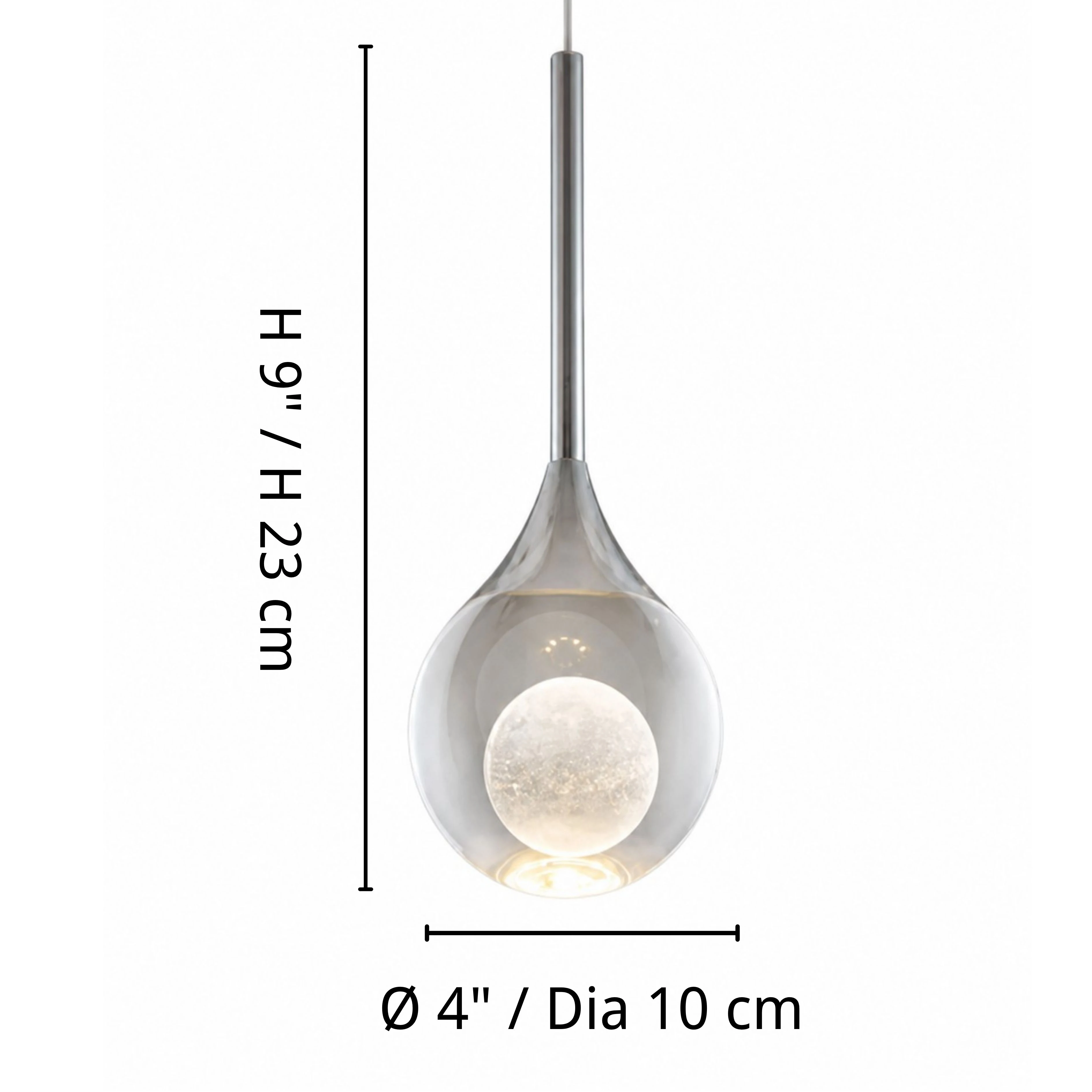Luma pendant dimensions: diameter 4 inches or 10 centimeters, height 9 inches or 23 centimeters