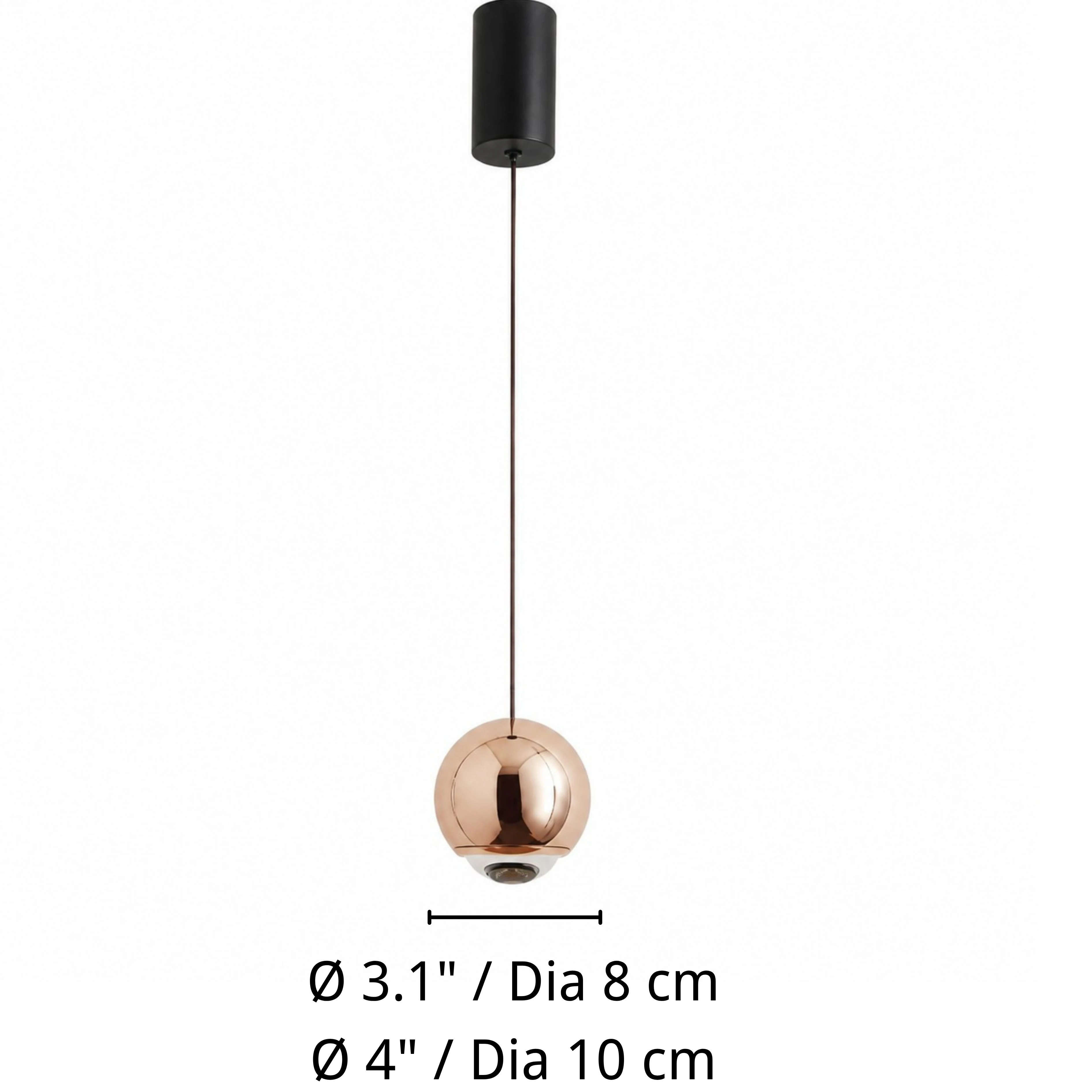 Luma mirrored orb pendant dimensions: diameter 3.1 inches or 8 centimeters and diameter 4 inches or 10 centimeters