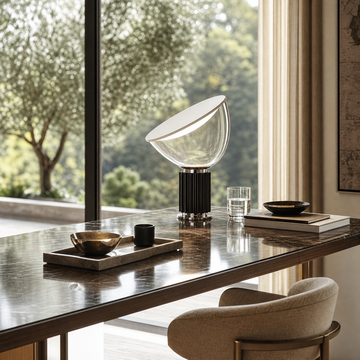 Black Taccia lamp on a marble dining table
