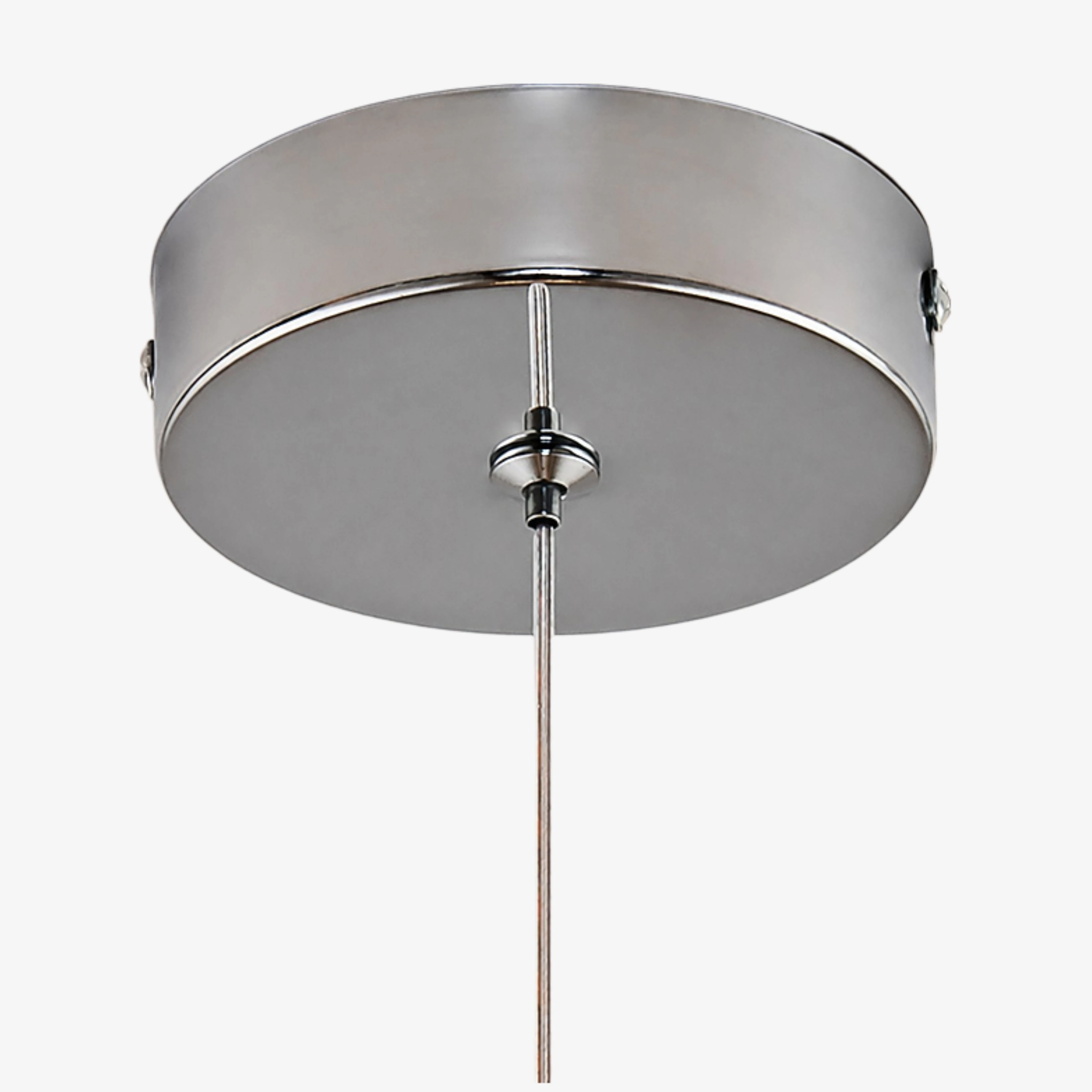 Chrome round ceiling canopy and suspension cable detail