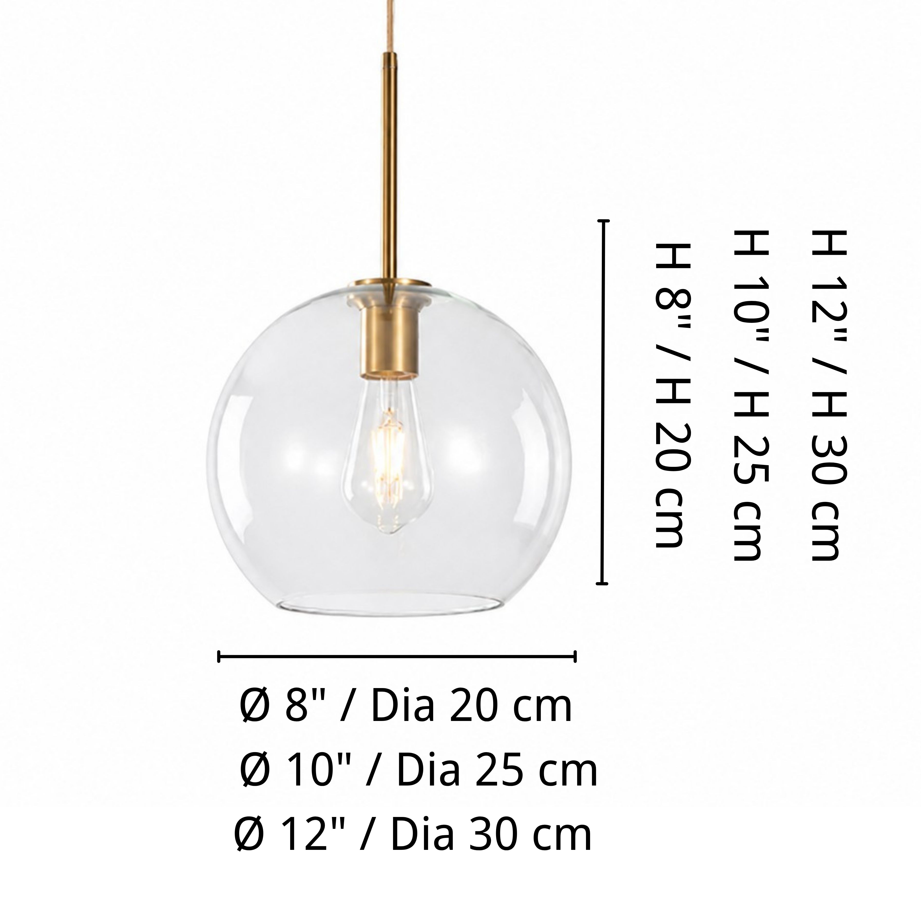 Luma pendant dimensions for 20, 25, and 30 cm globes