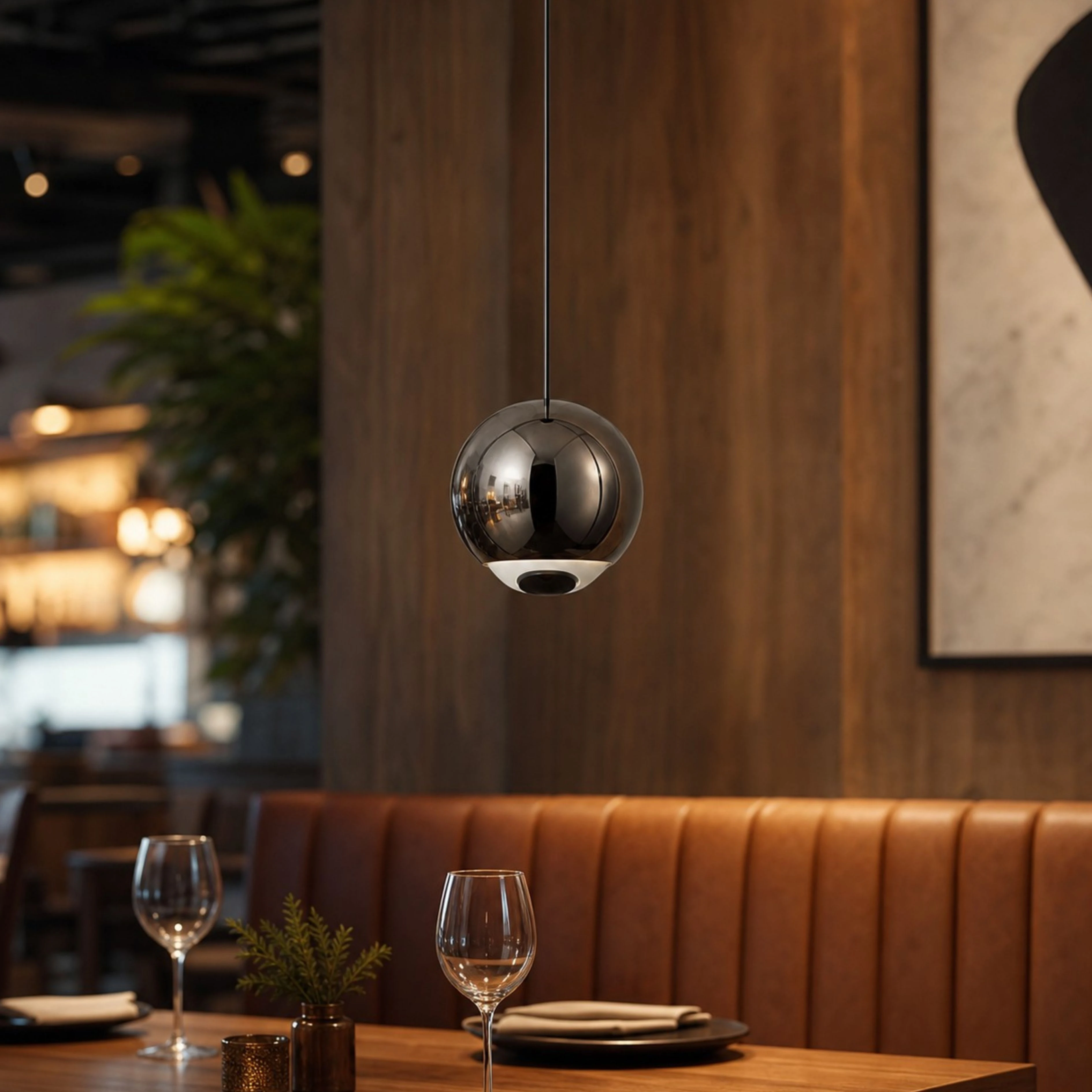 Pearl Black orb pendant in a restaurant booth