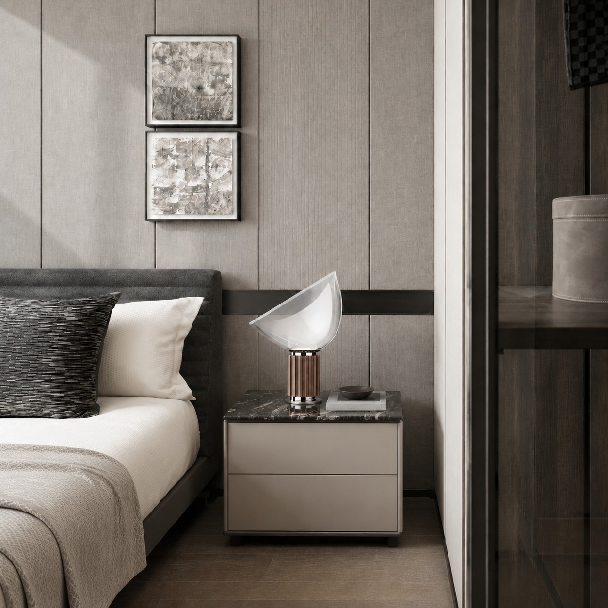 Bronze Taccia lamp in a monochrome bedroom