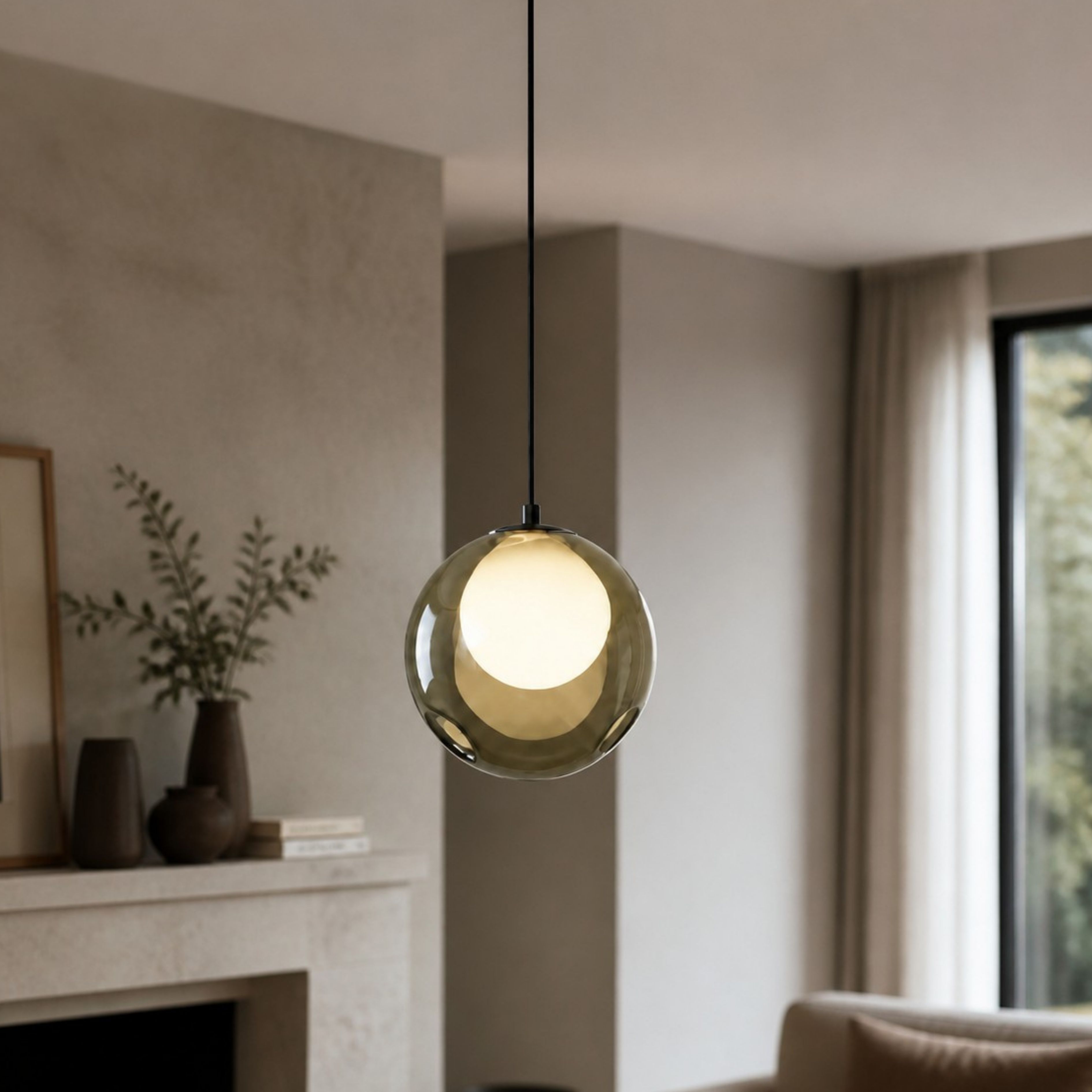 Smoke Gray glass pendant in an interior