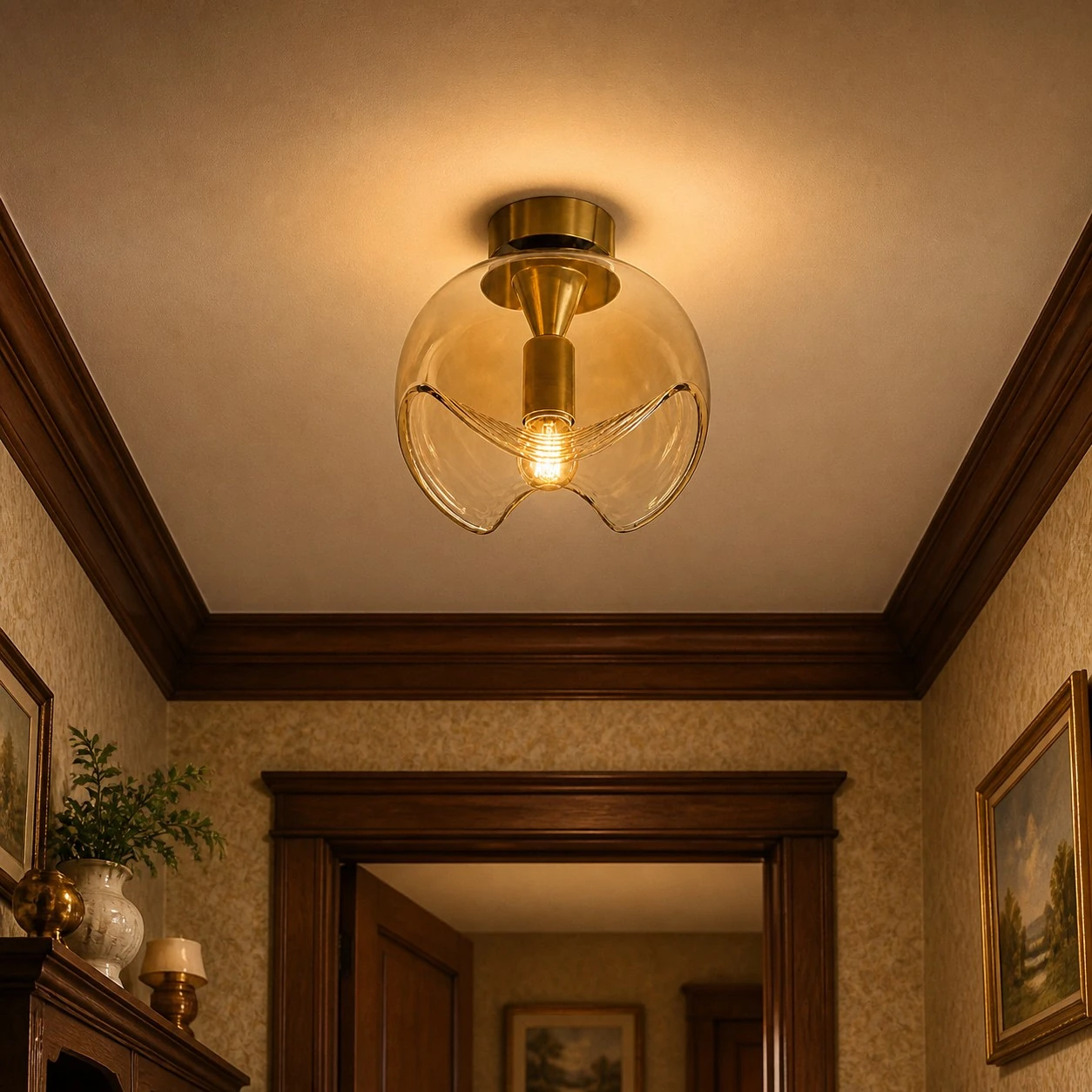 Gold and Cognac ceiling light in a warm hallway