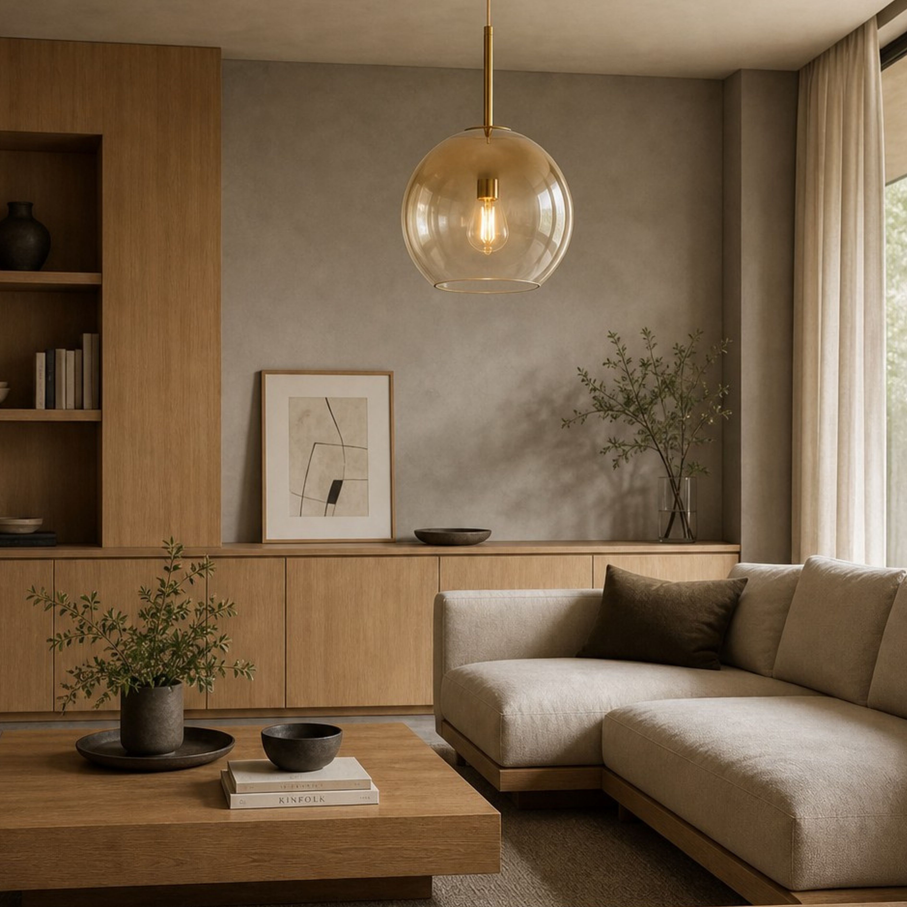 Gradient Gold Luma glass pendant in a neutral living room