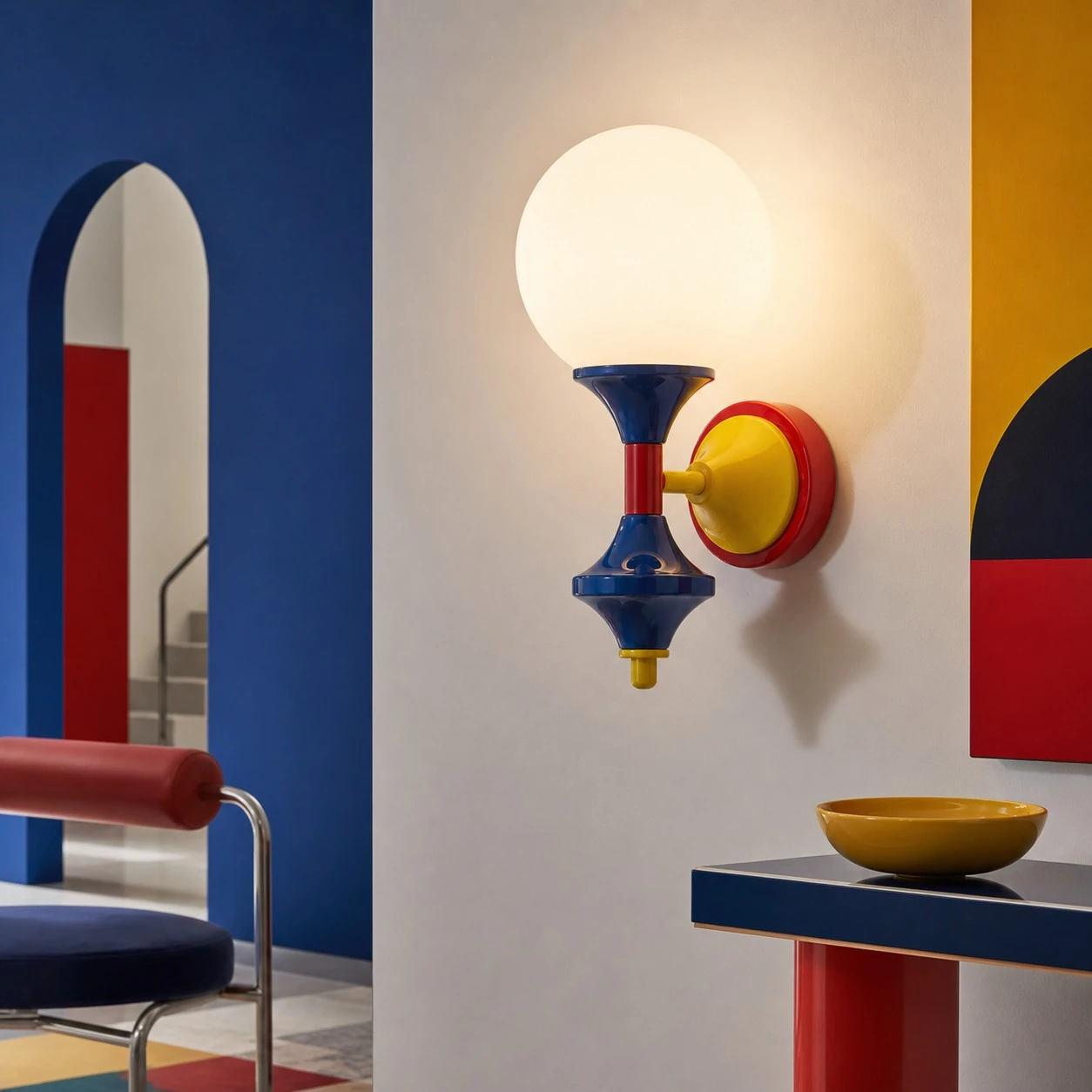 Color-block wall sconce in a modern primary-color interior