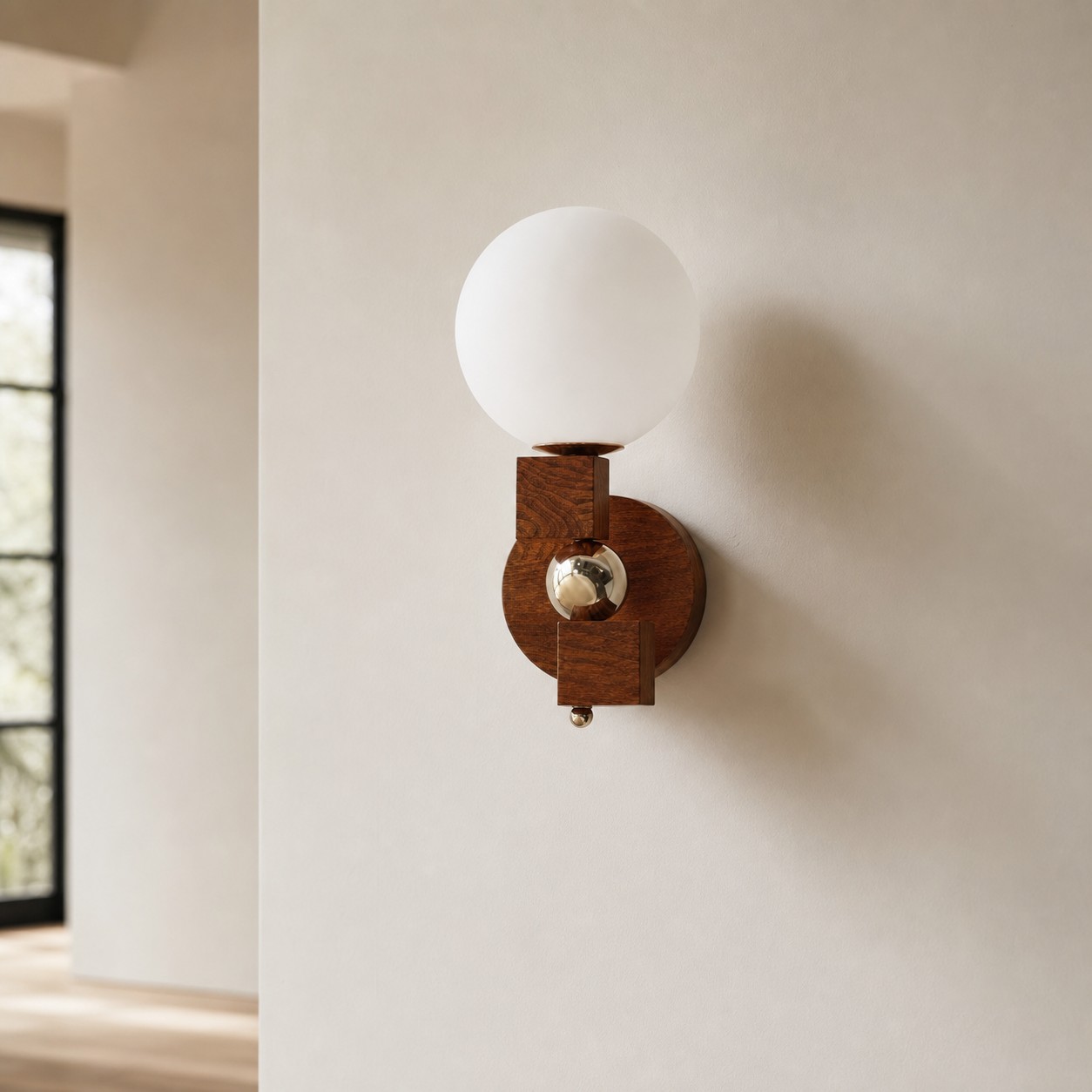 Luma walnut geometric wall sconce in a minimal interior