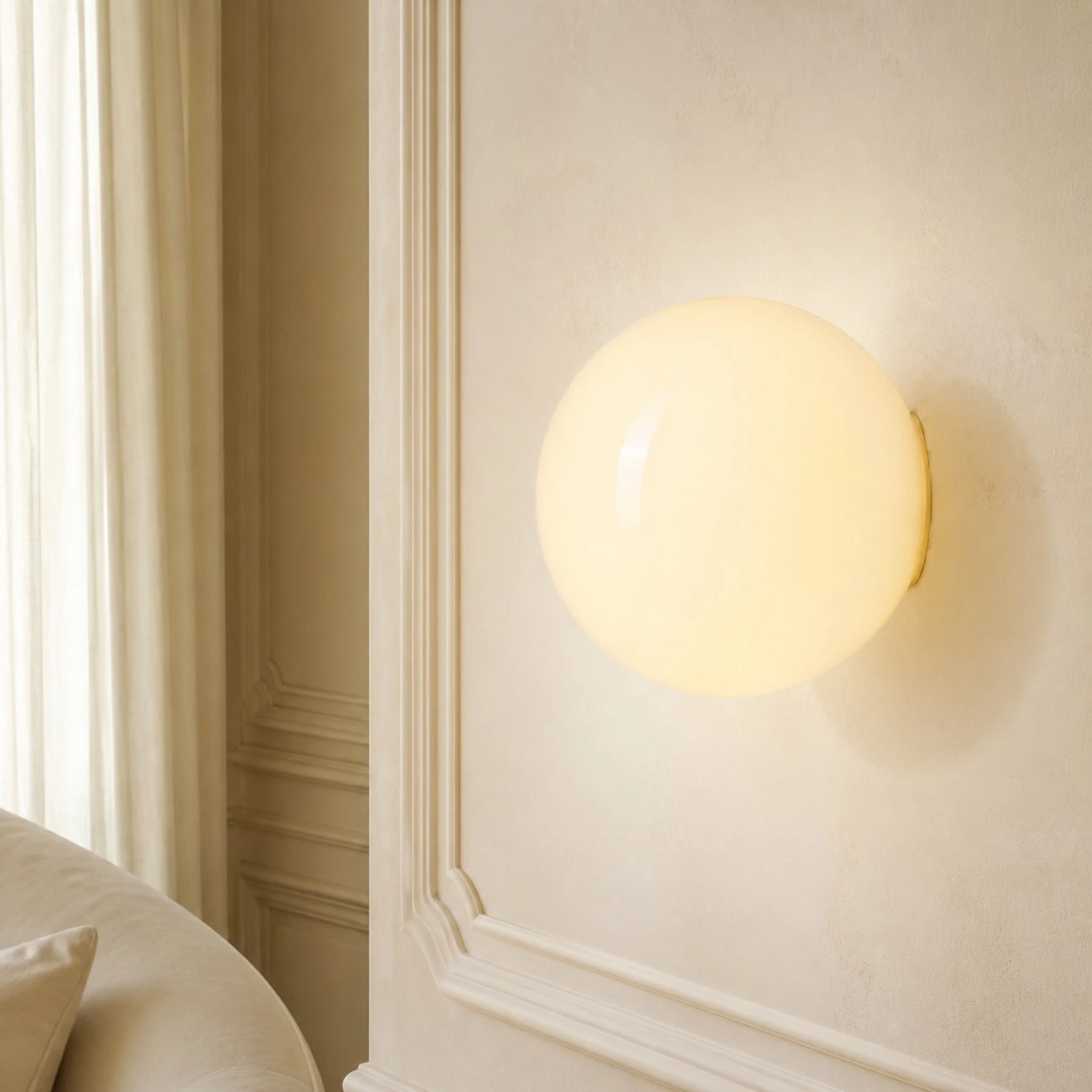 Cream Luma globe wall sconce in a warm interior