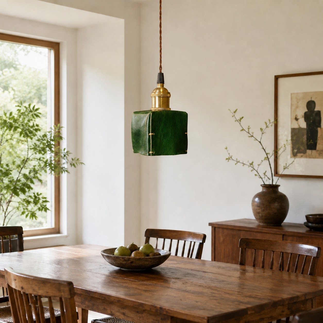 Ink green hand-shaped leather pendant light in a dining room