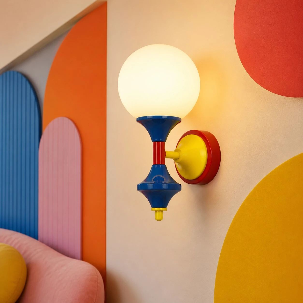 Color-block wall sconce in a playful interior