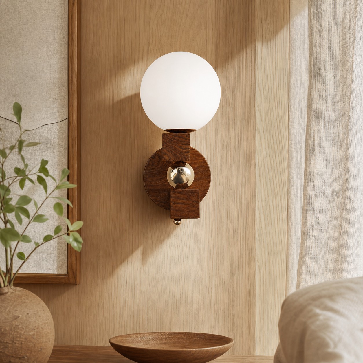 Luma walnut wall sconce in a warm natural room