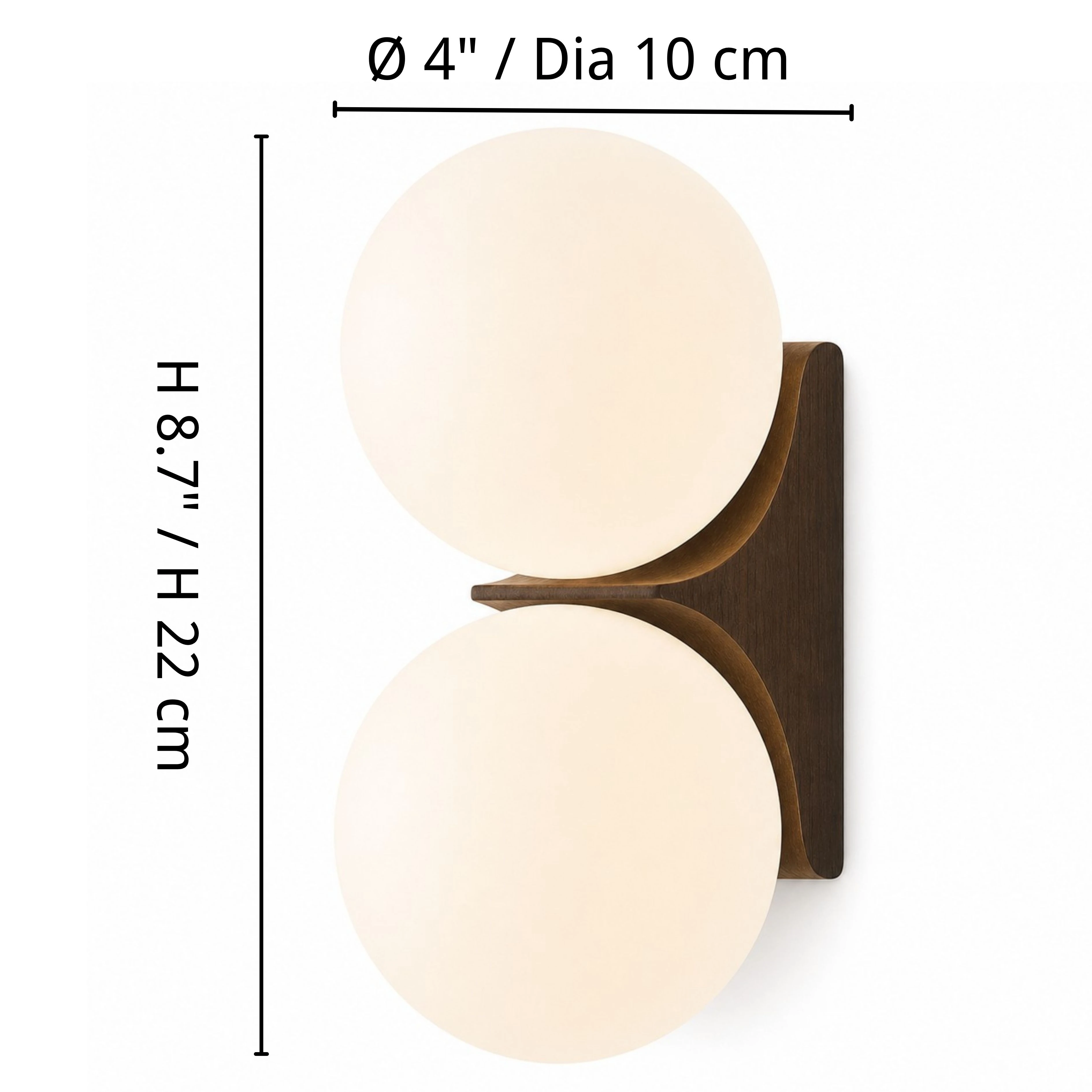 Two-head Walnut globe wall sconce dimensions: globe diameter 10 centimeters and fixture height 22 centimeters
