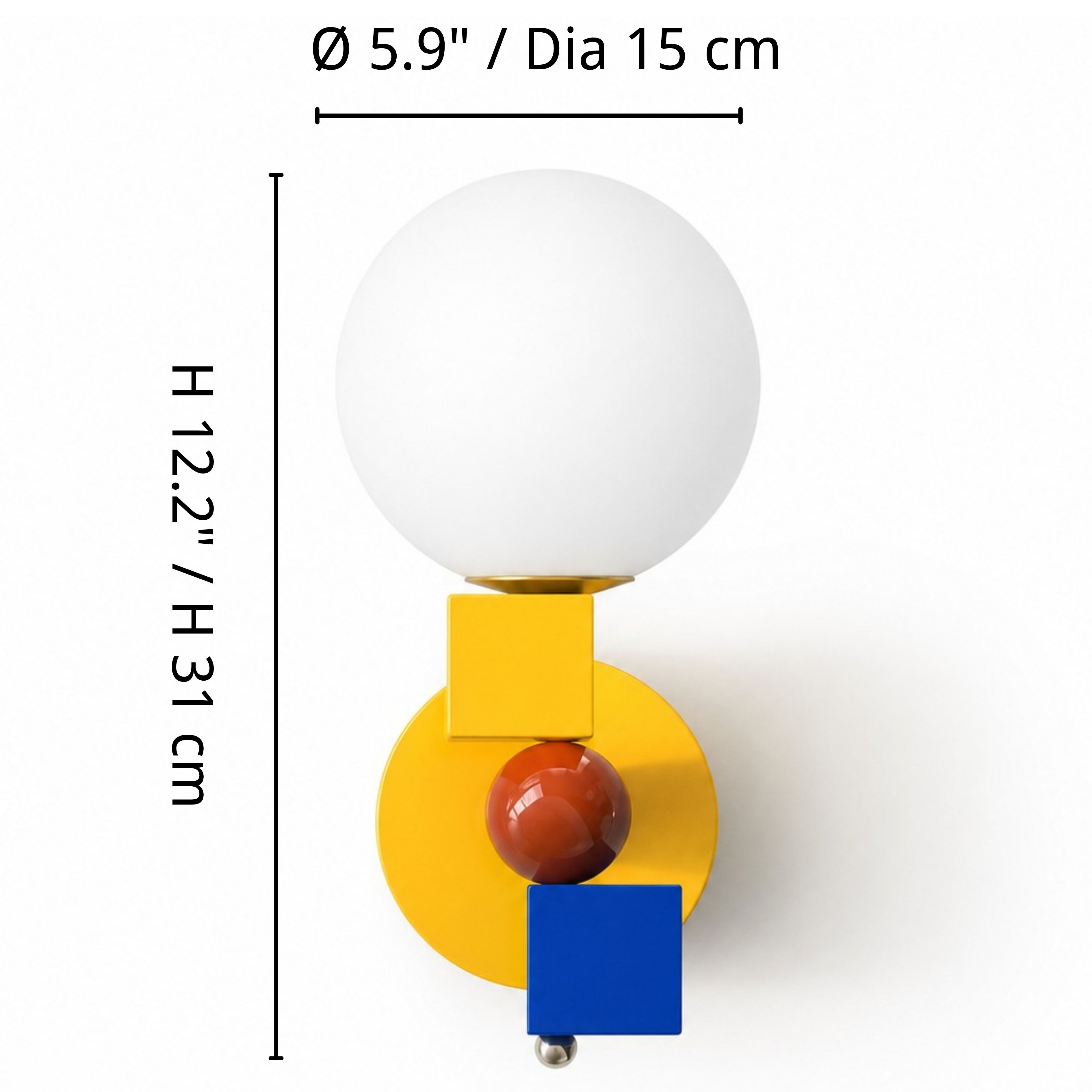 Luma geometric wall sconce dimensions: diameter 5.9 inches or 15 centimeters and height 12.2 inches or 31 centimeters