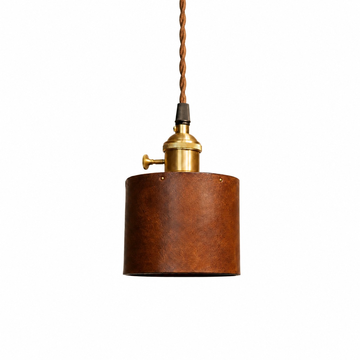 Vintage brown leather cylinder pendant lamp on a white background