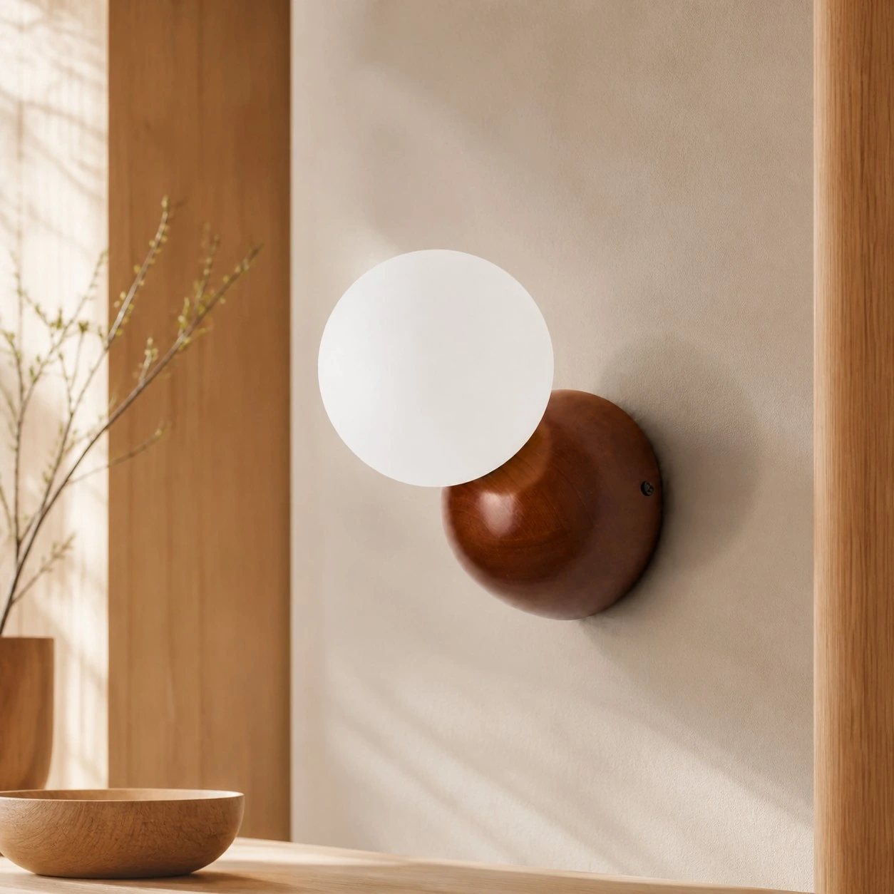 Luma walnut globe wall sconce in a warm modern room