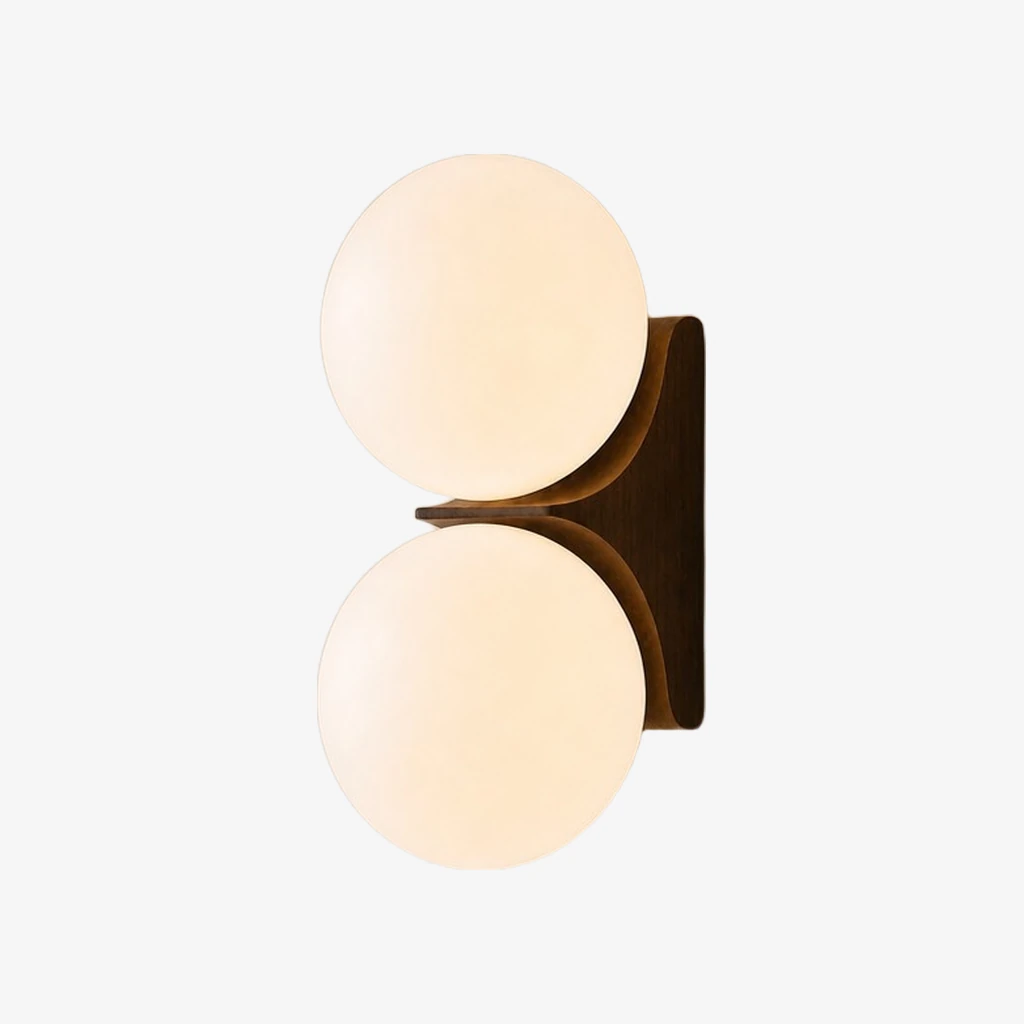 Two-head Luma Walnut globe wall sconce