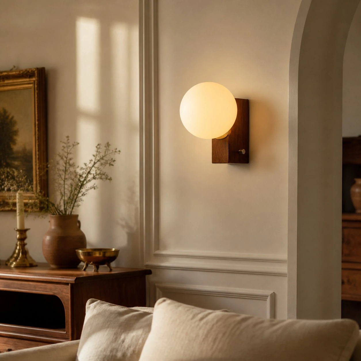 Walnut folded globe wall sconce in a classic interior