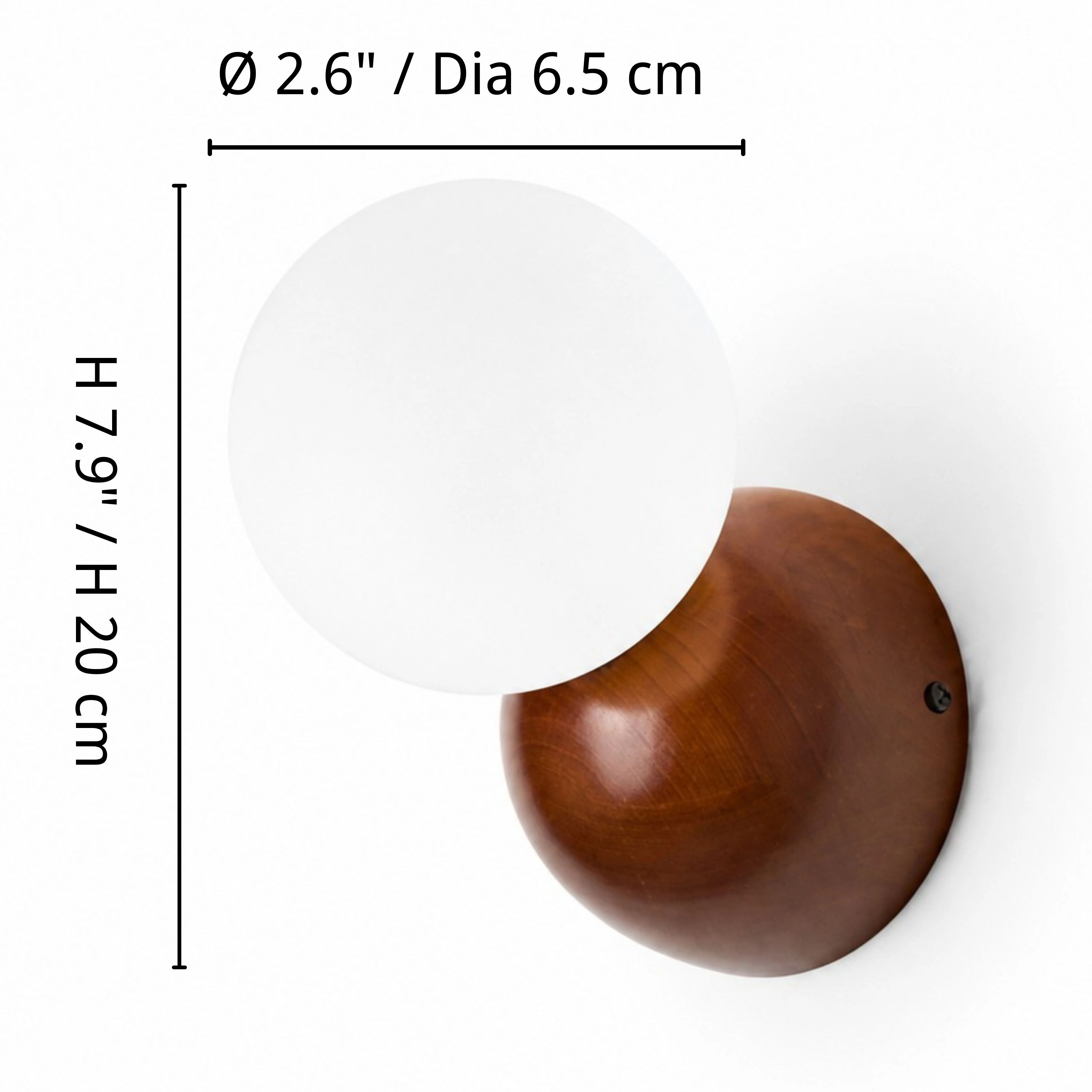 Luma wall sconce dimensions: diameter 2.6 inches or 6.5 centimeters and height 7.9 inches or 20 centimeters