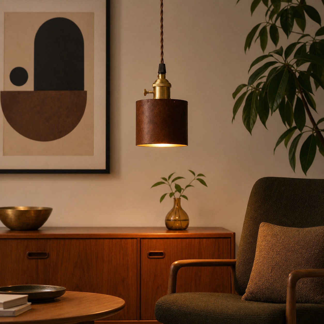 Brown leather pendant lamp glowing in a warm lounge interior