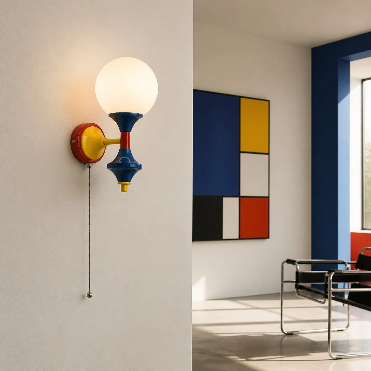Pull-chain color-block wall sconce in a modern interior