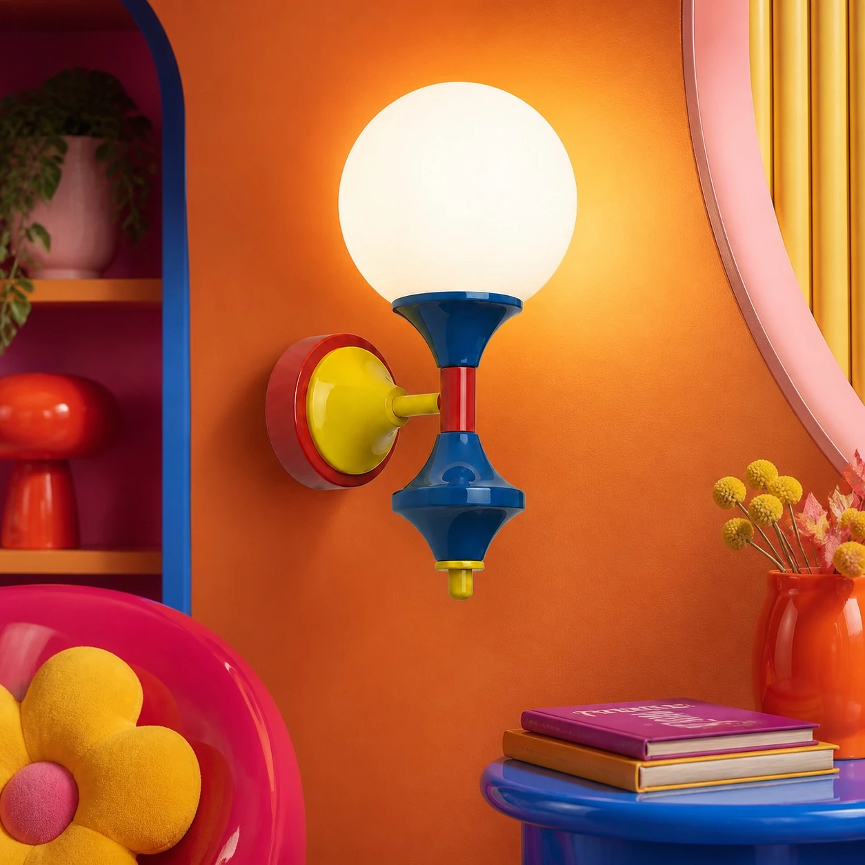 Color-block wall sconce in an orange maximalist interior