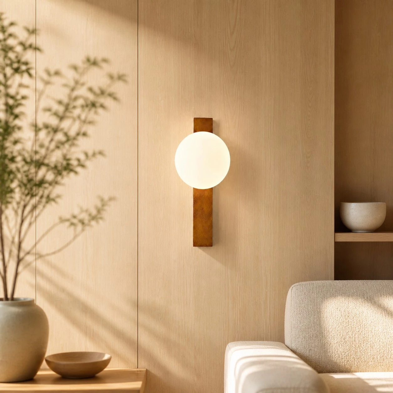 Vertical Walnut globe wall sconce in a wood-paneled room