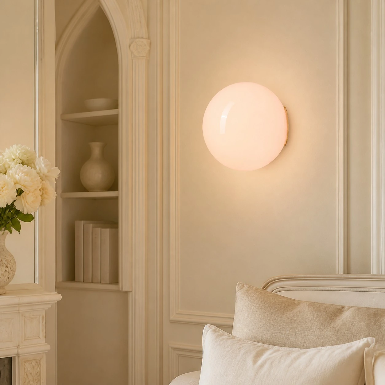Pink Luma globe wall sconce in a soft bedroom